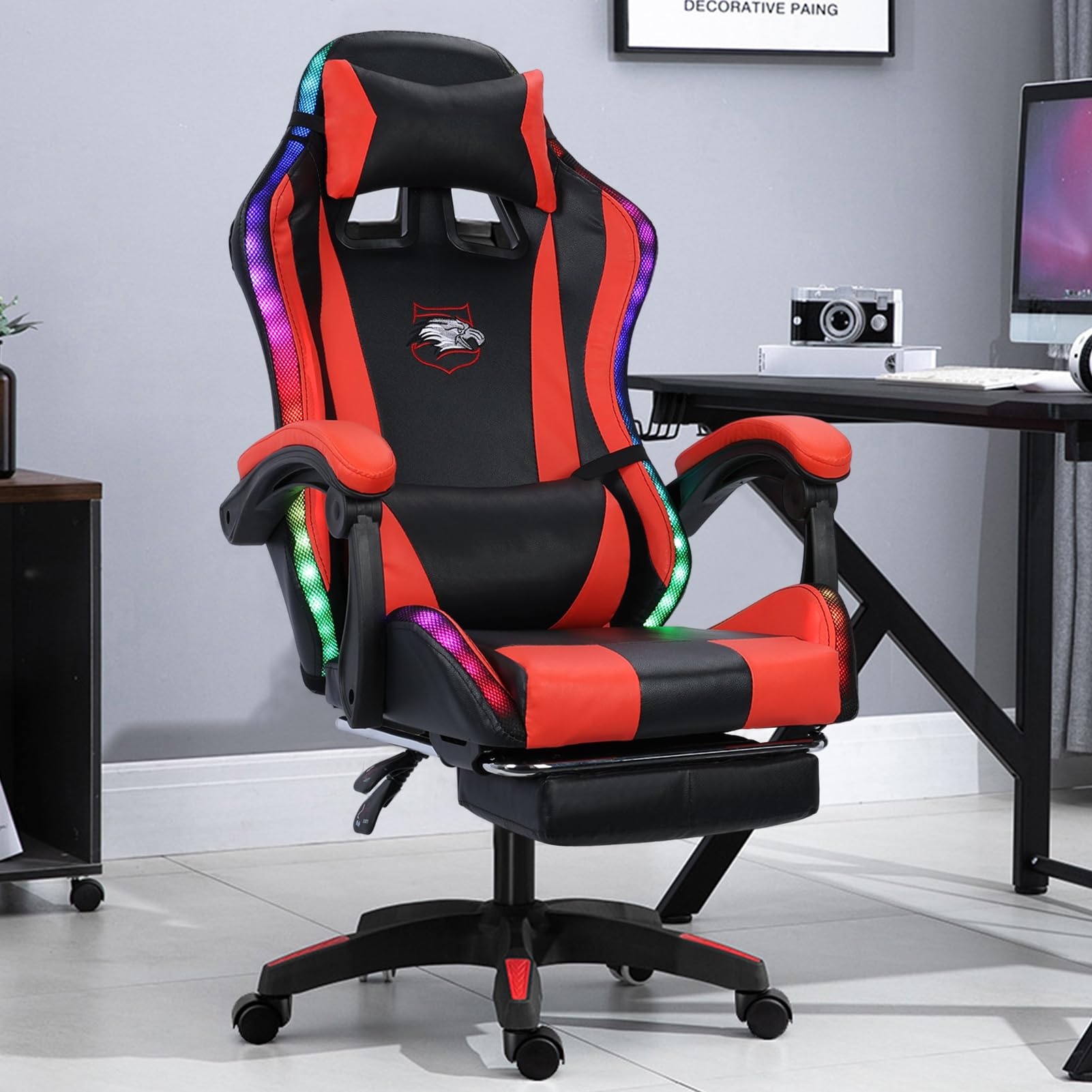 Ergonomic Gaming Chair with Bluetooth Speakers & RGB LED Lights - Adjustable Footrest, Lumbar Massage Support - 400lb Capacity Office Computer Desk Chair for PC & Console Gaming (Black & Red) - Perfect for Esports, Streaming & Home Office Setup