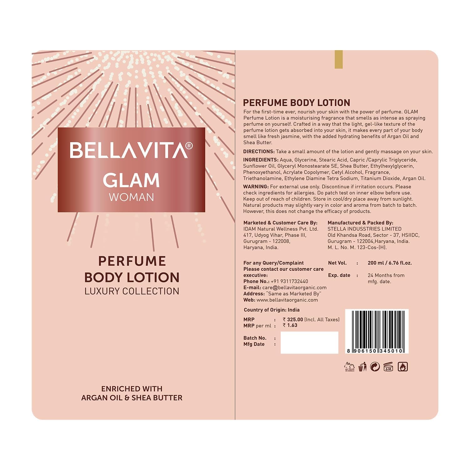 Bella Vita Luxury Glam Women's Perfumed Body Lotion - Hydrating & Nourishing with Argan Oil & Shea Butter (200ml) for Soft, Supple & Healthy Skin | Perfect for Daily Moisturizing, Gift Giving & Self-Care Rituals