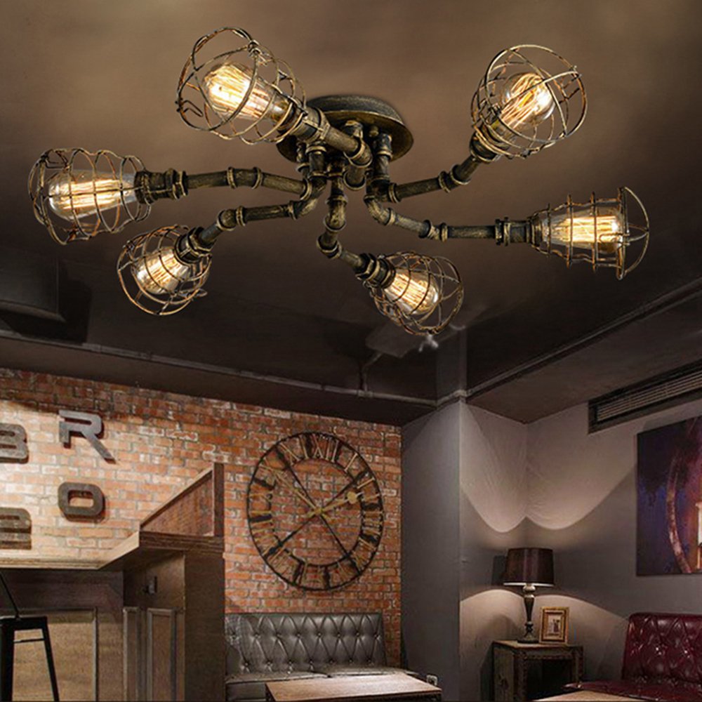 Vintage Industrial Flush Mount Ceiling Light - 6-Light Cage Pipe Pendant Lamp with Retro Iron Metal Design & Edison Bulbs - Perfect for Dining Rooms, Restaurants, Cafes & Loft Spaces