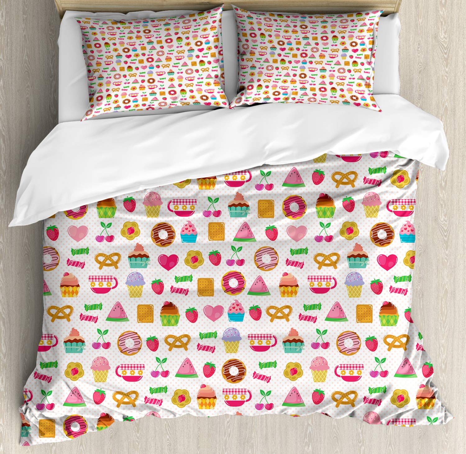 Ambesonne Tea Party Duvet Cover Set - Cheerful Pink Multicolor 3-Piece Bedding with Sweets, Candies, Cookies & Fruit Design - California King Size with 2 Pillow Shams | Perfect for Girls' Bedroom, Teen Room Decor & Whimsical Tea Party Themed Bedrooms