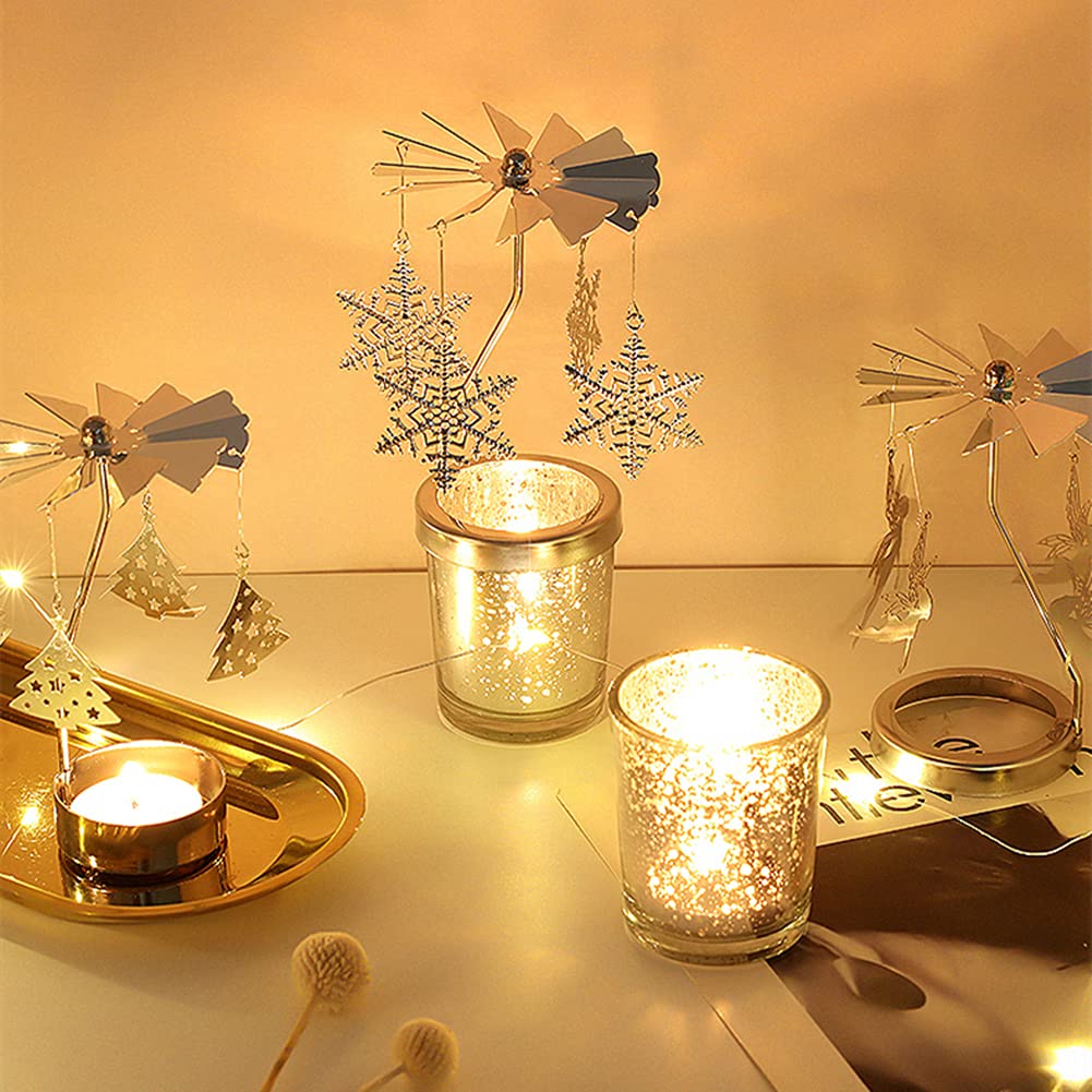 Rotating Gold Starlight Glass Christmas Candle Holders - Elegant Deer Design Candlestick for Wedding, Anniversary & Holiday Table Decor - Perfect for Christmas, Thanksgiving, Restaurant & Home Decoration