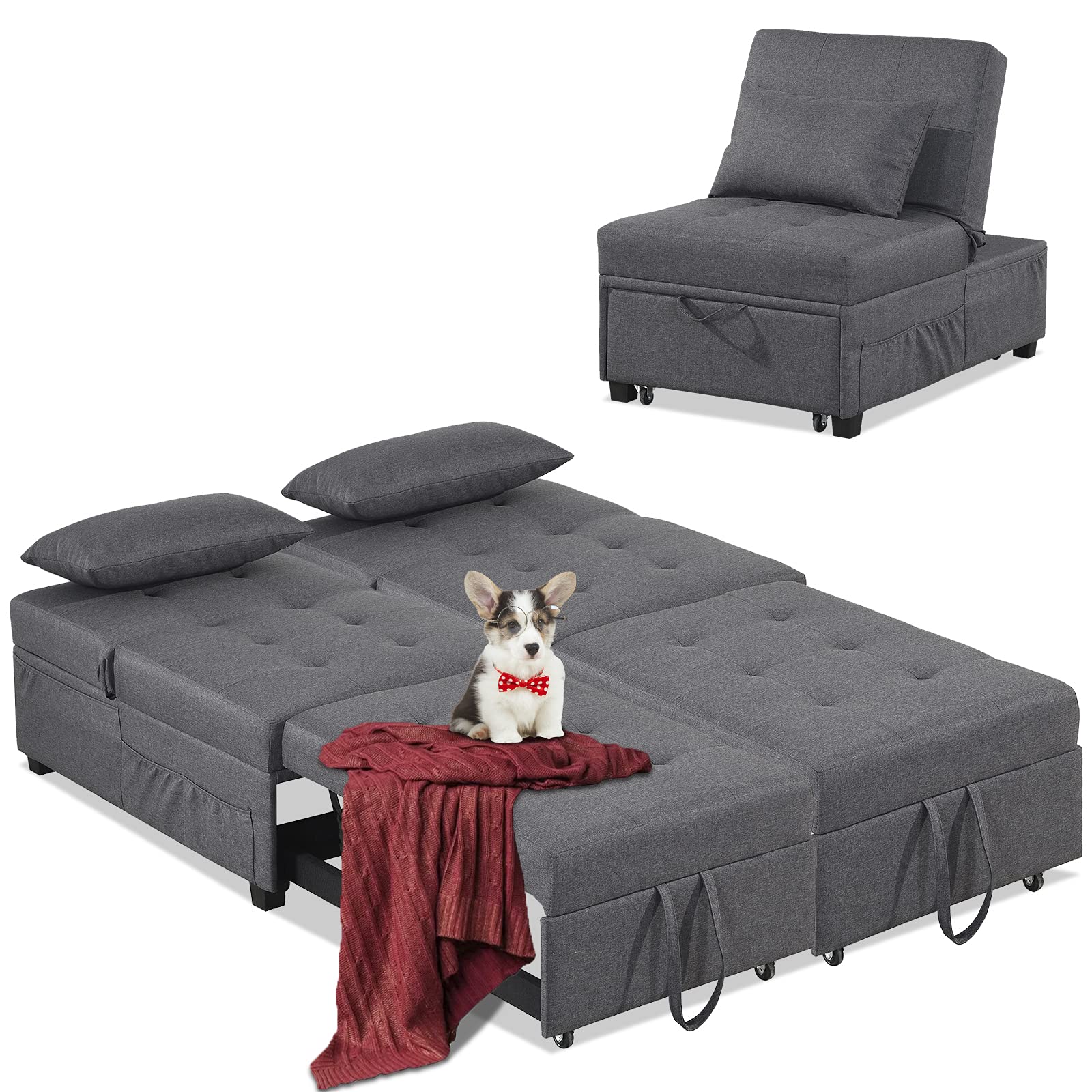 2-in-1 Convertible Sleeper Chair Bed Set with Tufted Ottoman, Pillow & Side Pockets - Space Saving Armless Sofa Bed for Small Apartments, Guest Rooms & Home Offices