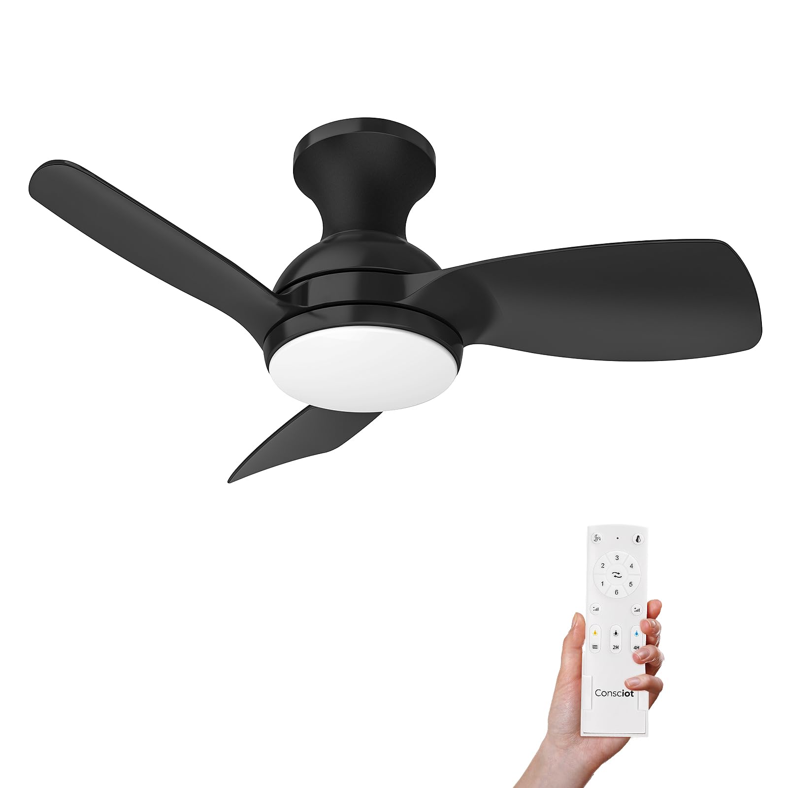 30 Inch Black Low Profile Modern Ceiling Fan with Lights & Remote Control - Flush Mount, Reversible Quiet DC Motor, 6 Speed & Dimmable - Damp Rated for Kitchen, Bedroom, Patio & Outdoor Use