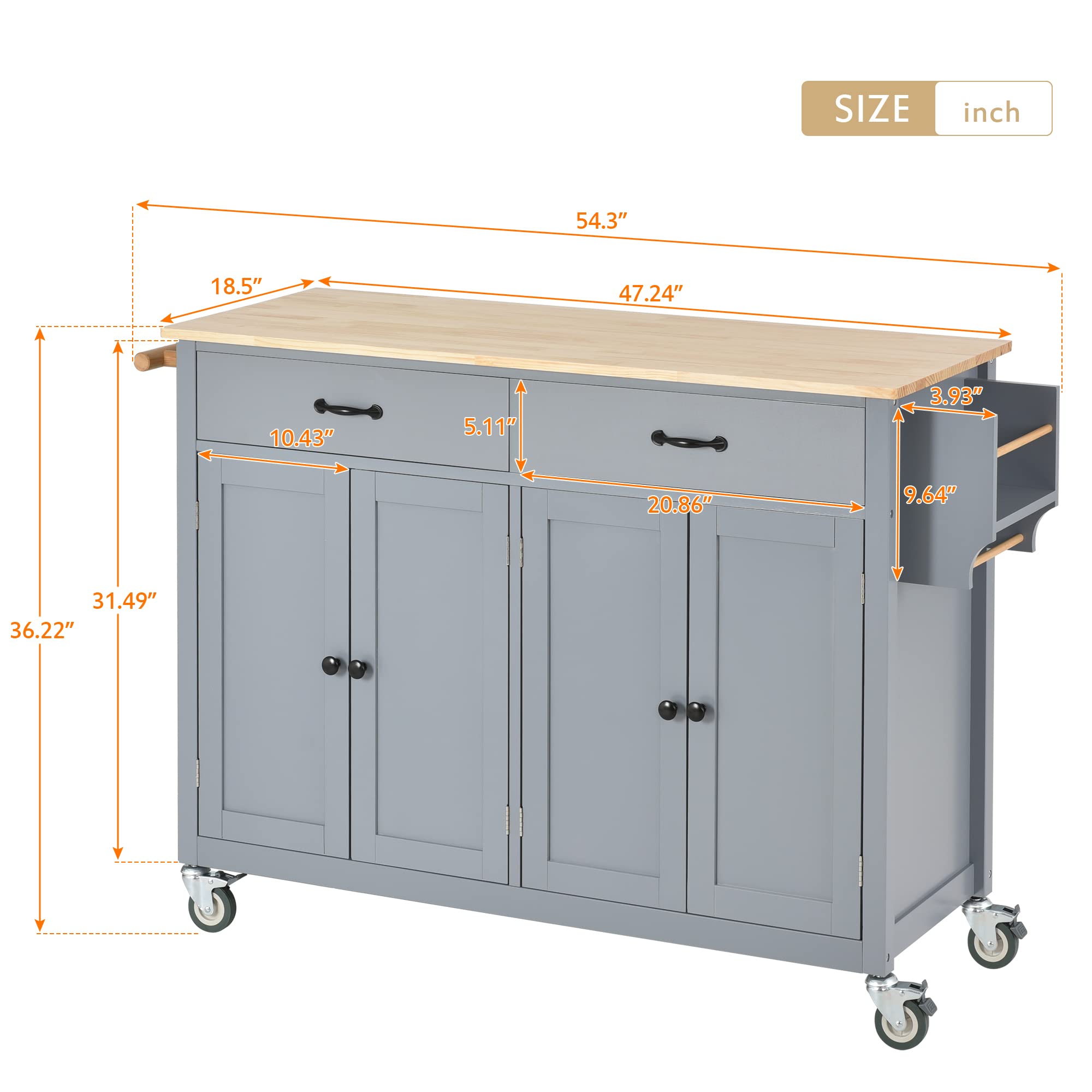 Solid Wood Top Kitchen Island on Wheels with 2 Drawers & Storage Cabinets - Large Rolling Kitchen Cart for Cooking Prep & Entertaining in Dusty Blue - Perfect for Small Kitchens, Dining Areas & Open Concept Living Spaces