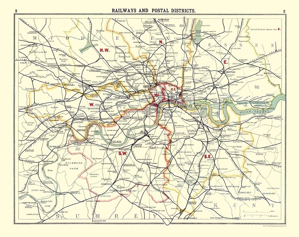 Vintage Bartholomew London UK Railways Postal Districts Map Poster Print - 24 x 18 Inch Multicolor Wall Art | Perfect for Home Office Decor, British History Enthusiasts & Train Lovers