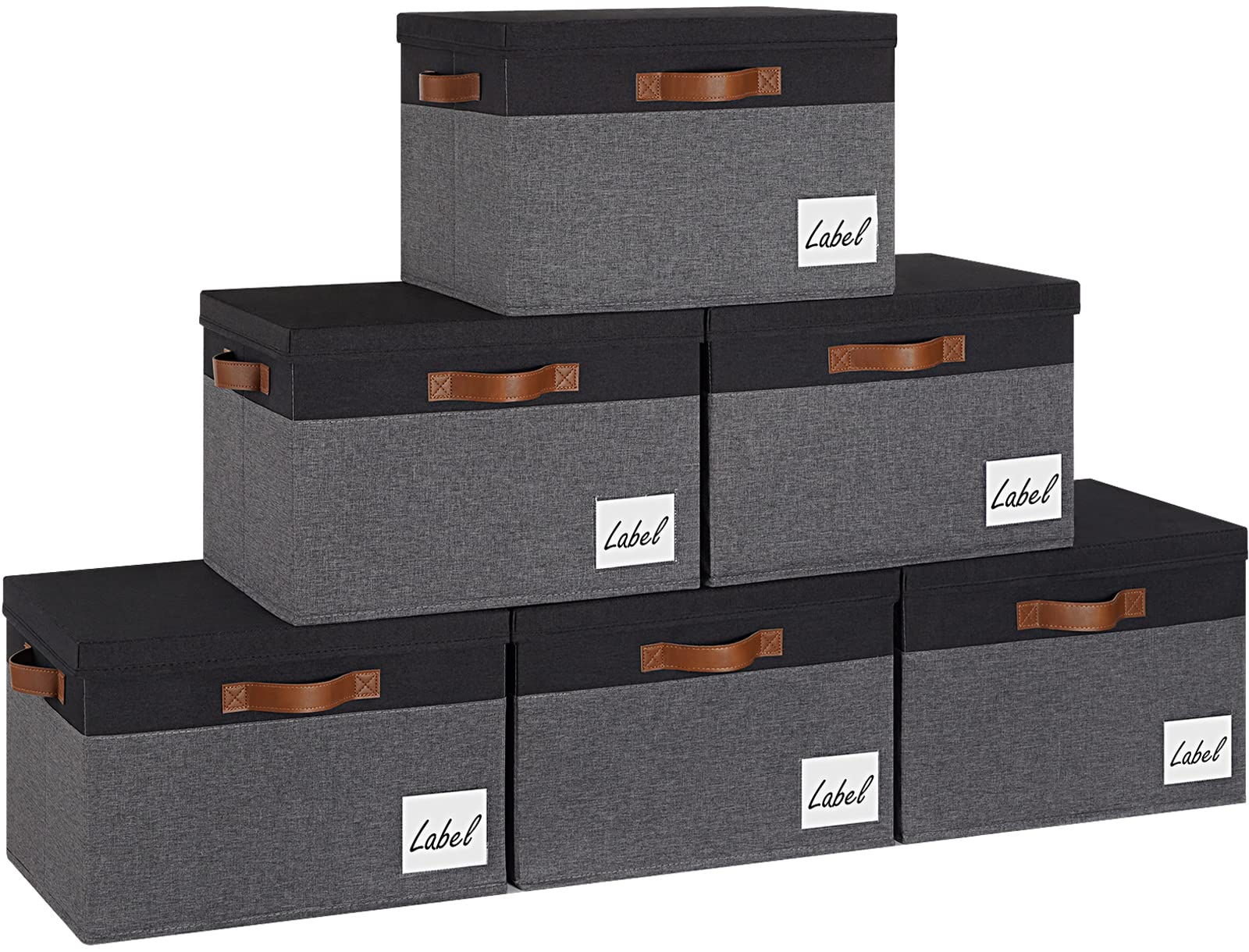 Extra Large Storage Bins with Lids 6 Pack - Foldable Fabric Storage Boxes with 3 Leather Handles & Label Window (15.75x11.8x10.2, Grey&Black) | Perfect for Closet Organization, Toy Storage & Home Decor