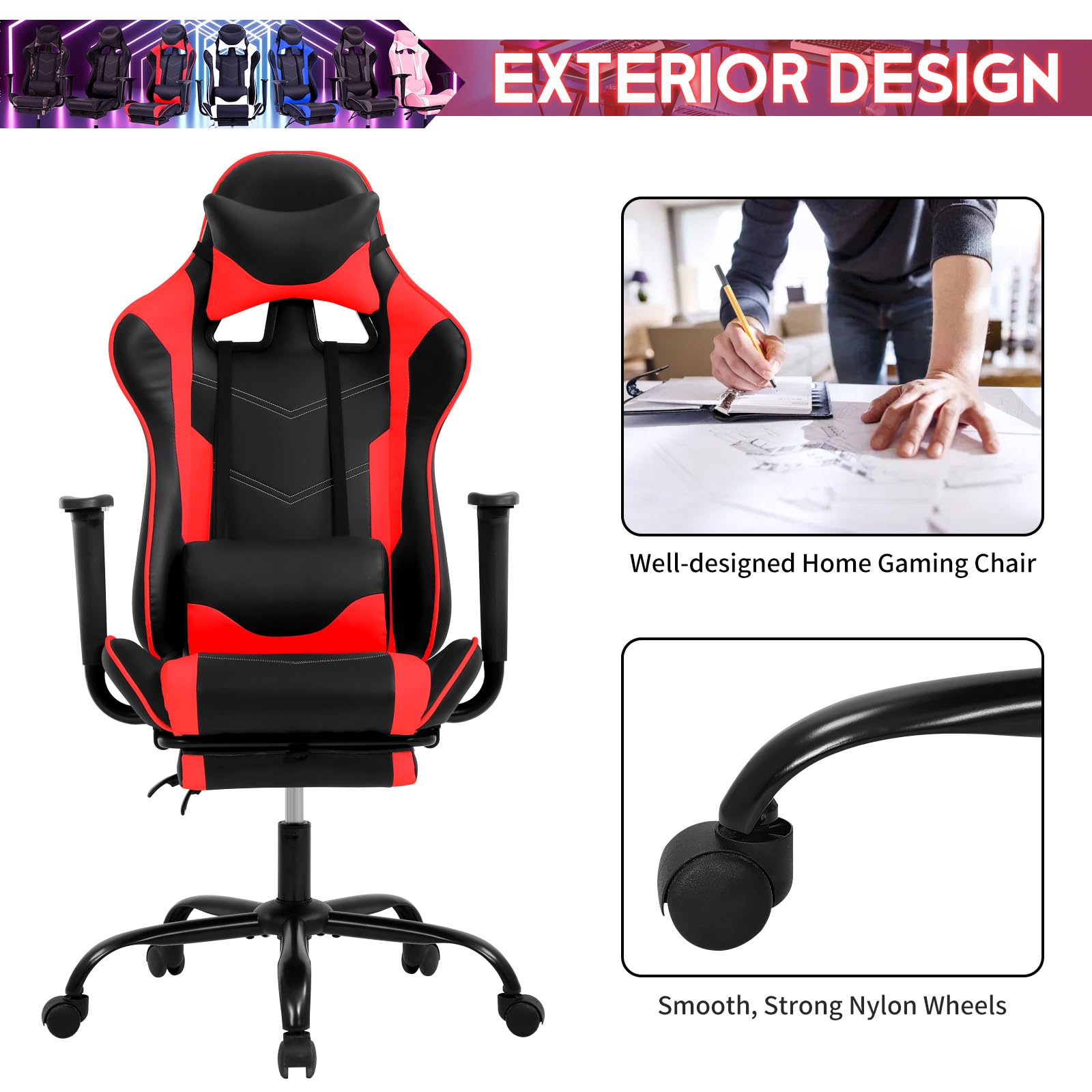 BLKMTY Ergonomic Gaming Chair - High Back PU Leather Office Chair with Adjustable Lumbar Support, Headrest & Footrest - Racing Style Computer Chair for Home & Work - Perfect for Gamers, Streaming & Long Work Sessions (Red)