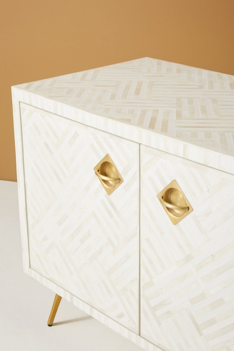 White Optical Bone Inlay Media Console Table - Handcrafted TV Stand with Bone Inlay Design for Living Room, Bedroom & Home Theater Decor