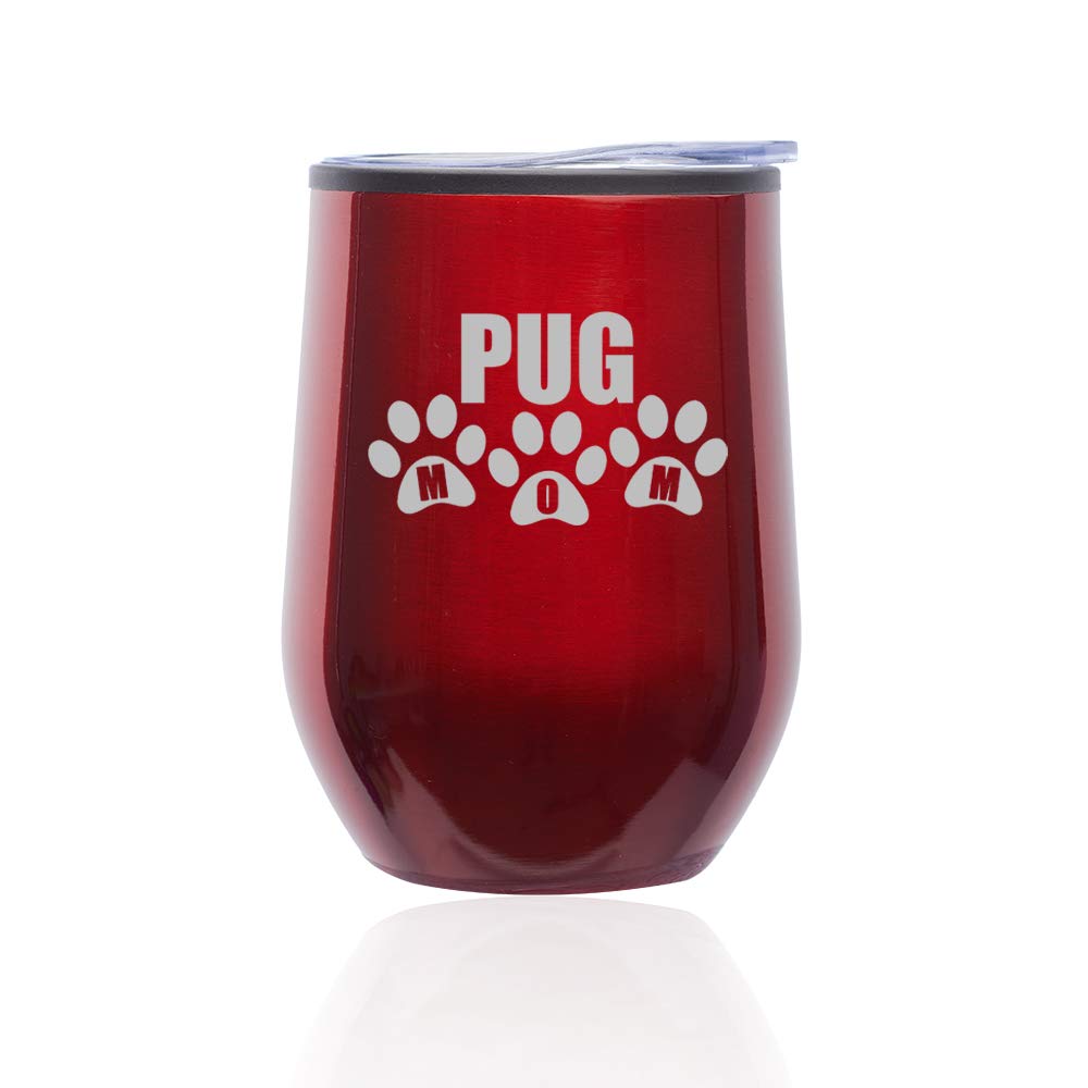 Stemless Wine Tumbler with Lid - Insulated Coffee Travel Mug for Hot & Cold Drinks - Funny Pug Mom Gift (Red) - Perfect for Office, Picnics & Car Commutes