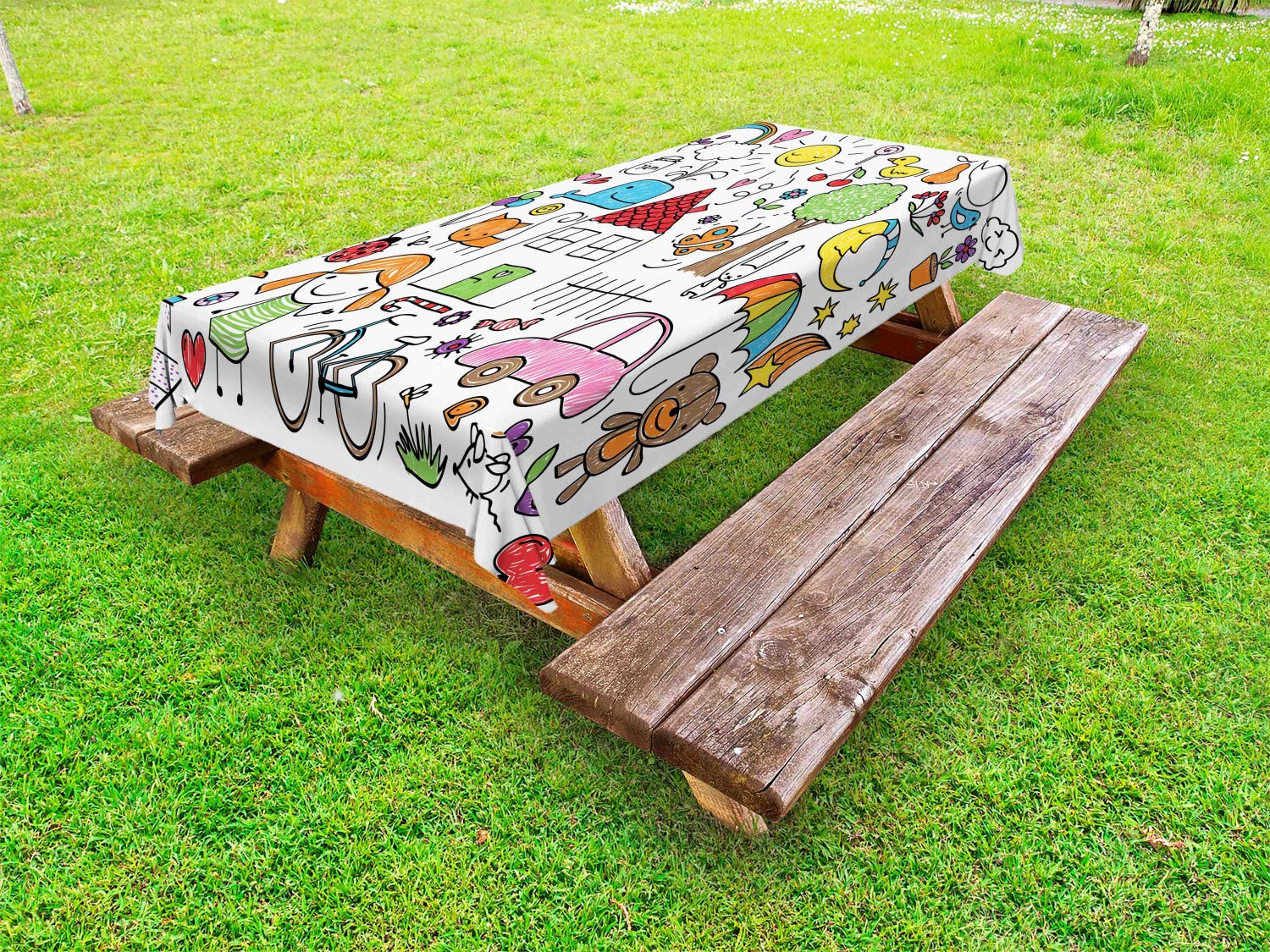 Ambesonne Cartoon Doodle Tablecloth - Washable Outdoor Picnic Table Cover with House, Girl, Boy & Teddy Bear Design, 58