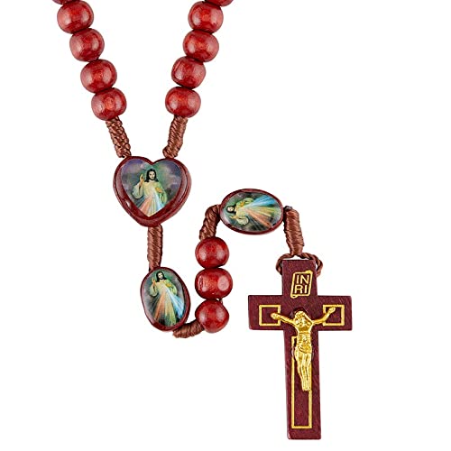 Divine Mercy Chaplet Rosary Set - Catholic Prayer Beads with Red Wooden Beads, Jesus Christ Heart Centerpiece & Cross Crucifix | Includes The Lord's Prayer Card | Perfect for Daily Devotion, Church Services & Spiritual Gifts