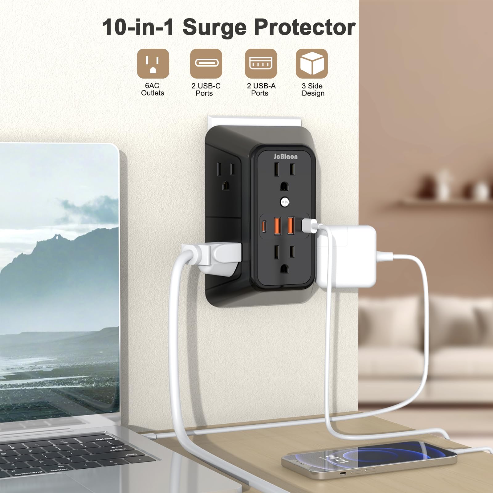6-Outlet Surge Protector with 4 USB Ports (2 USB-C) - Multi Plug Power Strip, 3-Sided Wall Adapter for Home, Office, Kitchen & Travel - Black | Perfect for Charging Multiple Devices Simultaneously