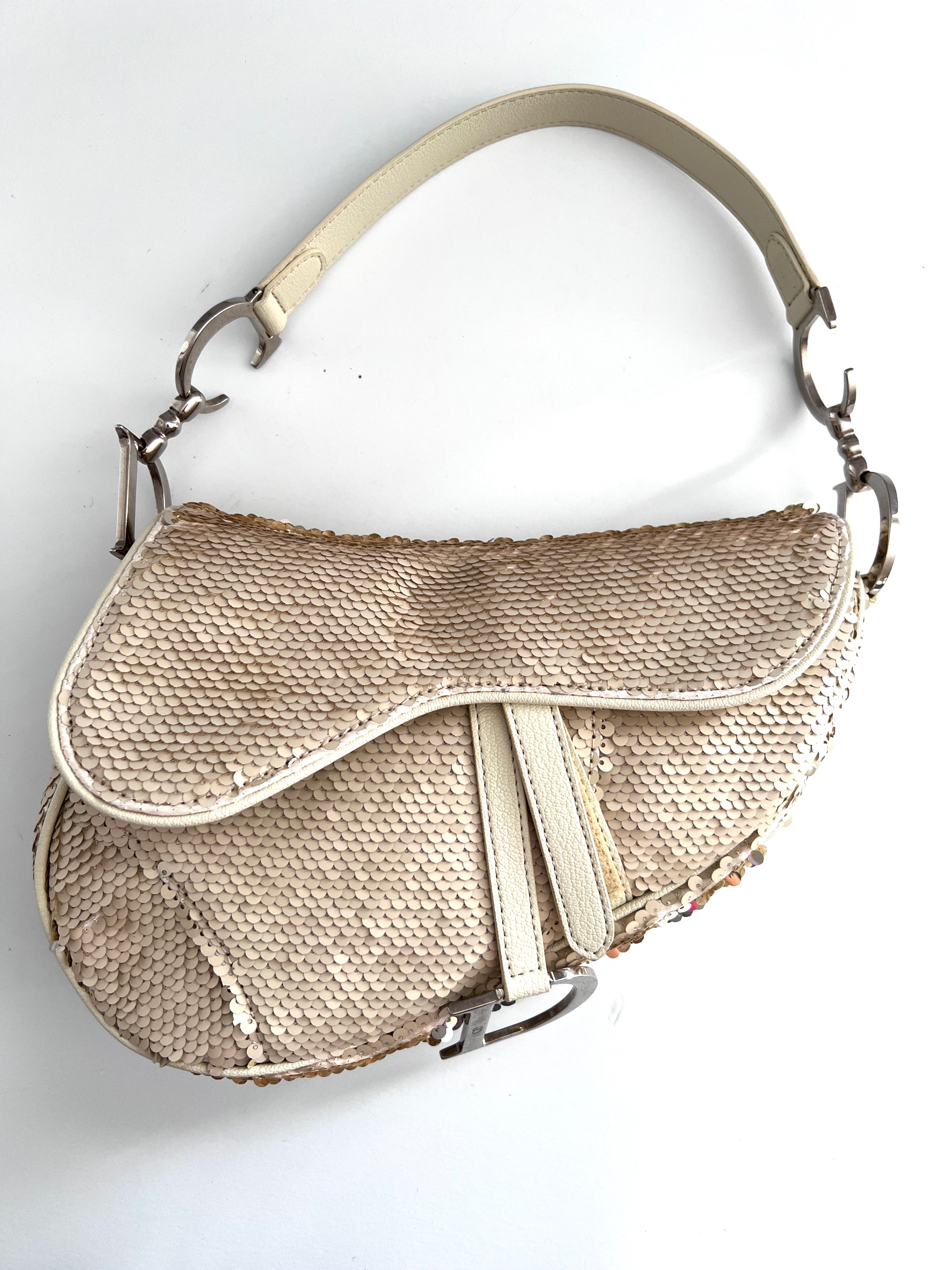 Vintage Dior Cream Reversible Sequin Saddle Bag - Matte & Radiant Finish | Luxury Crossbody Purse for Evening Parties, Weddings & Special Occasions