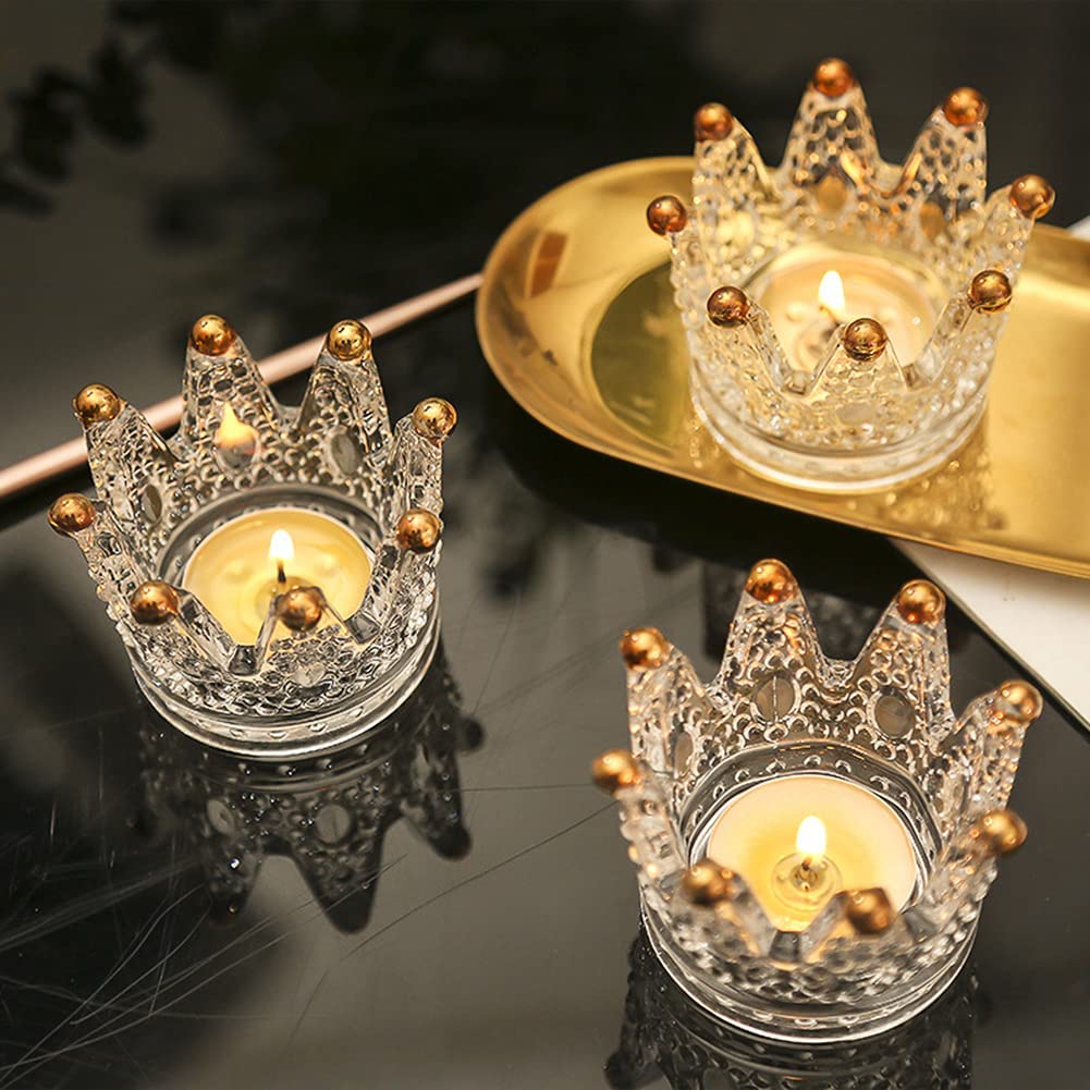 Elegant Crown Glass Candle Holders (Set of 2) - Wedding Centerpiece, Party Decor, Home Decoration - Perfect for Table Settings, Romantic Dinners & Jewelry Storage