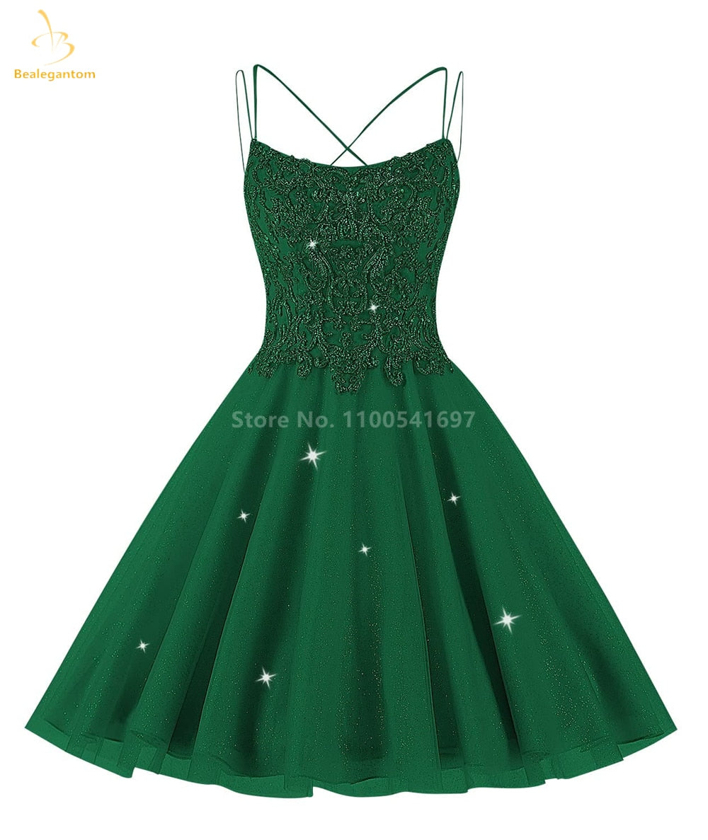 Sparkly Beaded Lace Spaghetti Strap Prom Dress - Bealegantom Short Tulle Cocktail Party Gown for Homecoming, Pageant, Graduation - Perfect for Dances, Formal Events & Special Occasions