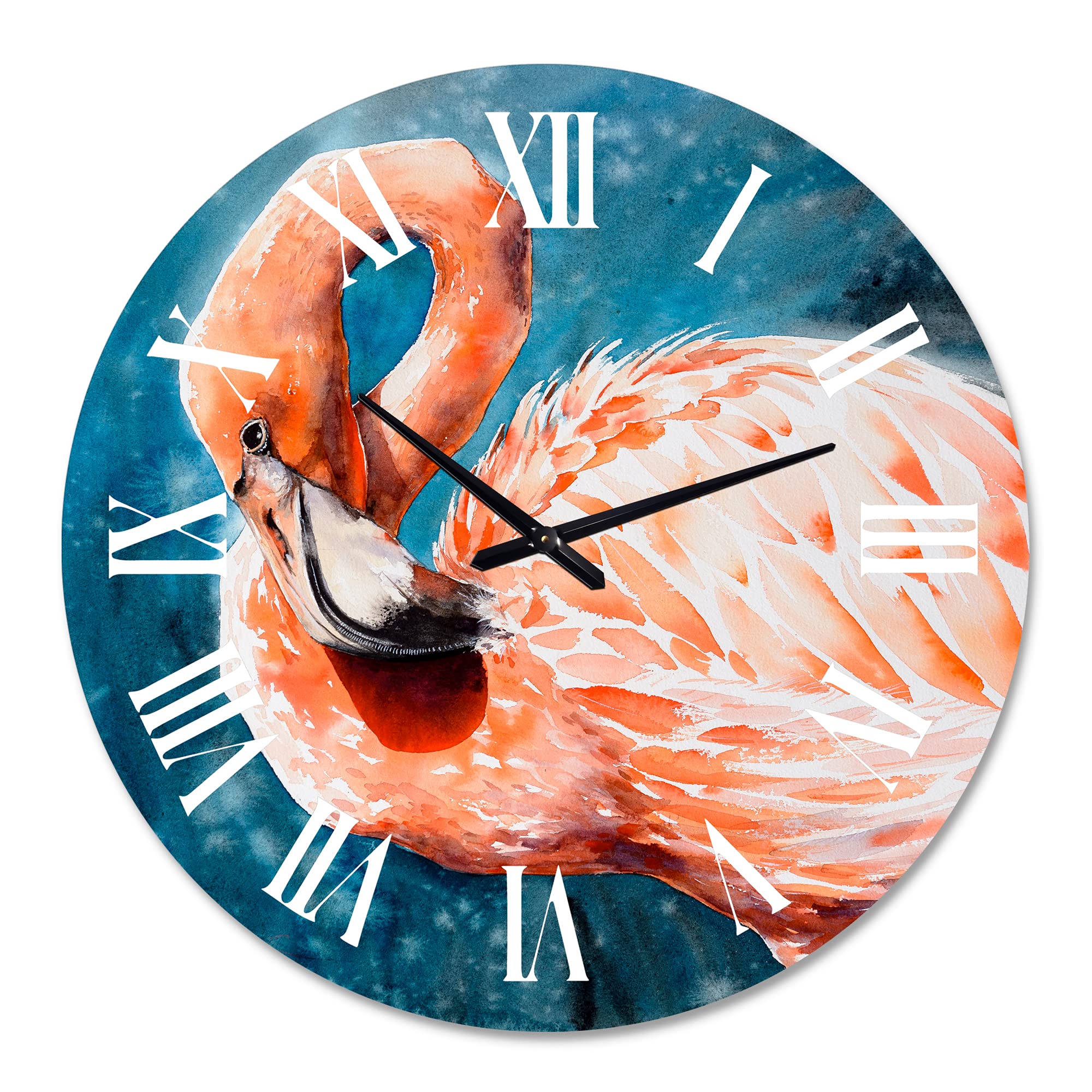 Farmhouse Wall Clock with Pink Flamingos in Blue Water - Large Decorative Wall Clock for Bedroom, Living Room & Kitchen - Rustic Home Decor & Unique Gift Idea