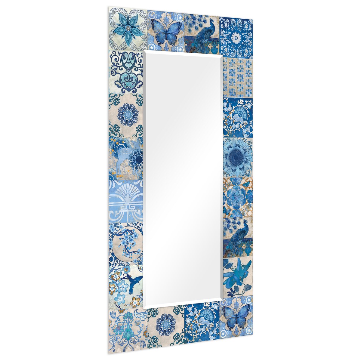 Blue & White Abstract Rectangular Beveled Wall Mirror - 72x36 Inch Tempered Glass Floating Design for Living Room, Bedroom & Entryway Decor