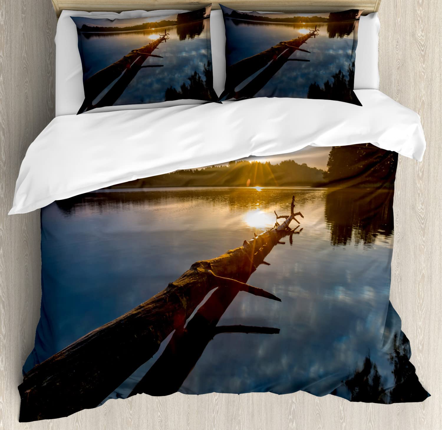 Ambesonne Driftwood Duvet Cover Set - Natural Landscape of Driftwood & Lake in Poland, Sunny Summer Day Design, 2-Pack Twin Size Bedding Set with 2 Duvet Covers & 2 Pillowcases, Blue Grey Yellow - Perfect for Coastal, Lakeside, or Nature-Themed Bedrooms