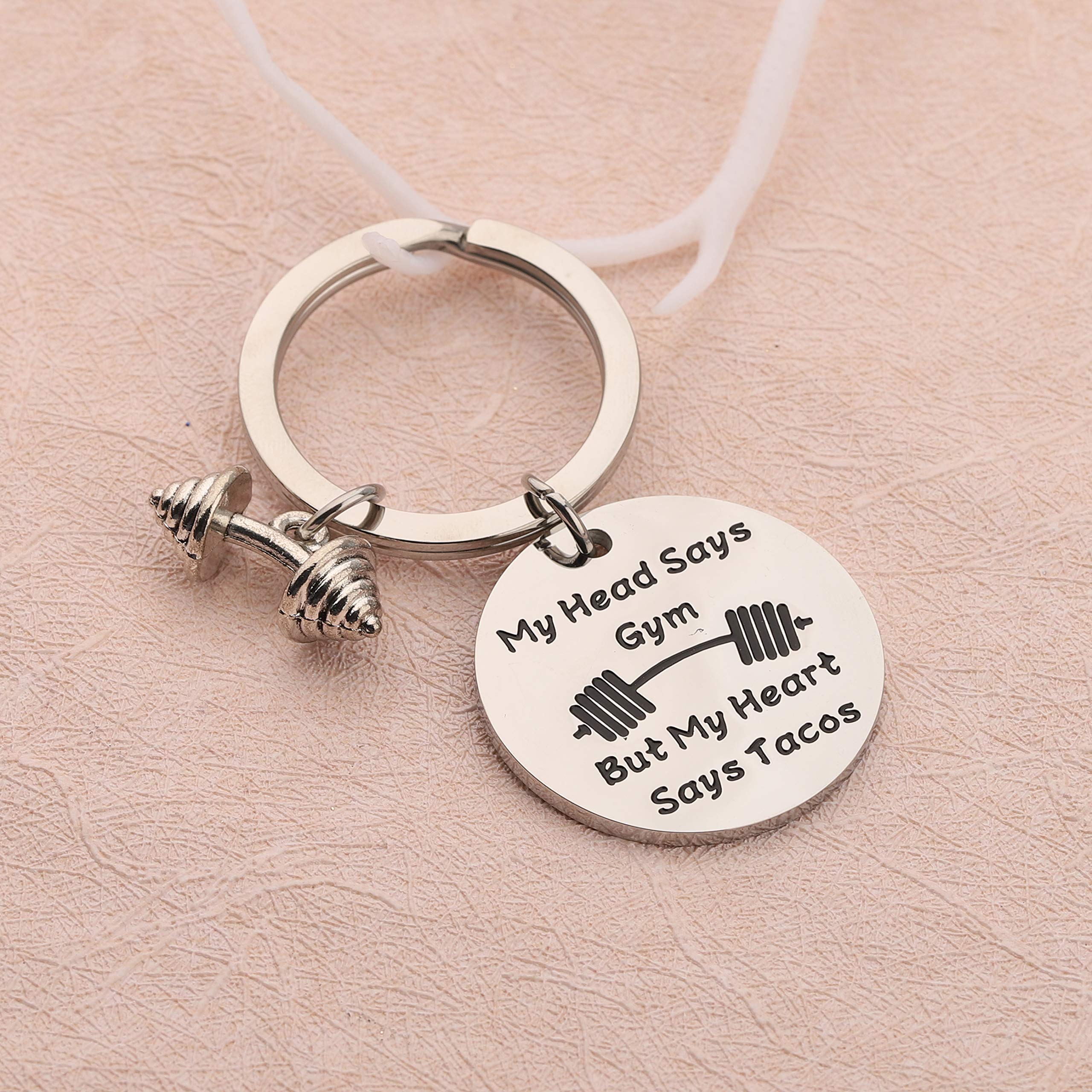 BEKECH Gym Keychain - My Head Says Gym But My Heart Says Tacos - Motivational Fitness Jewelry for Workouts, Gifts & Gym Lovers