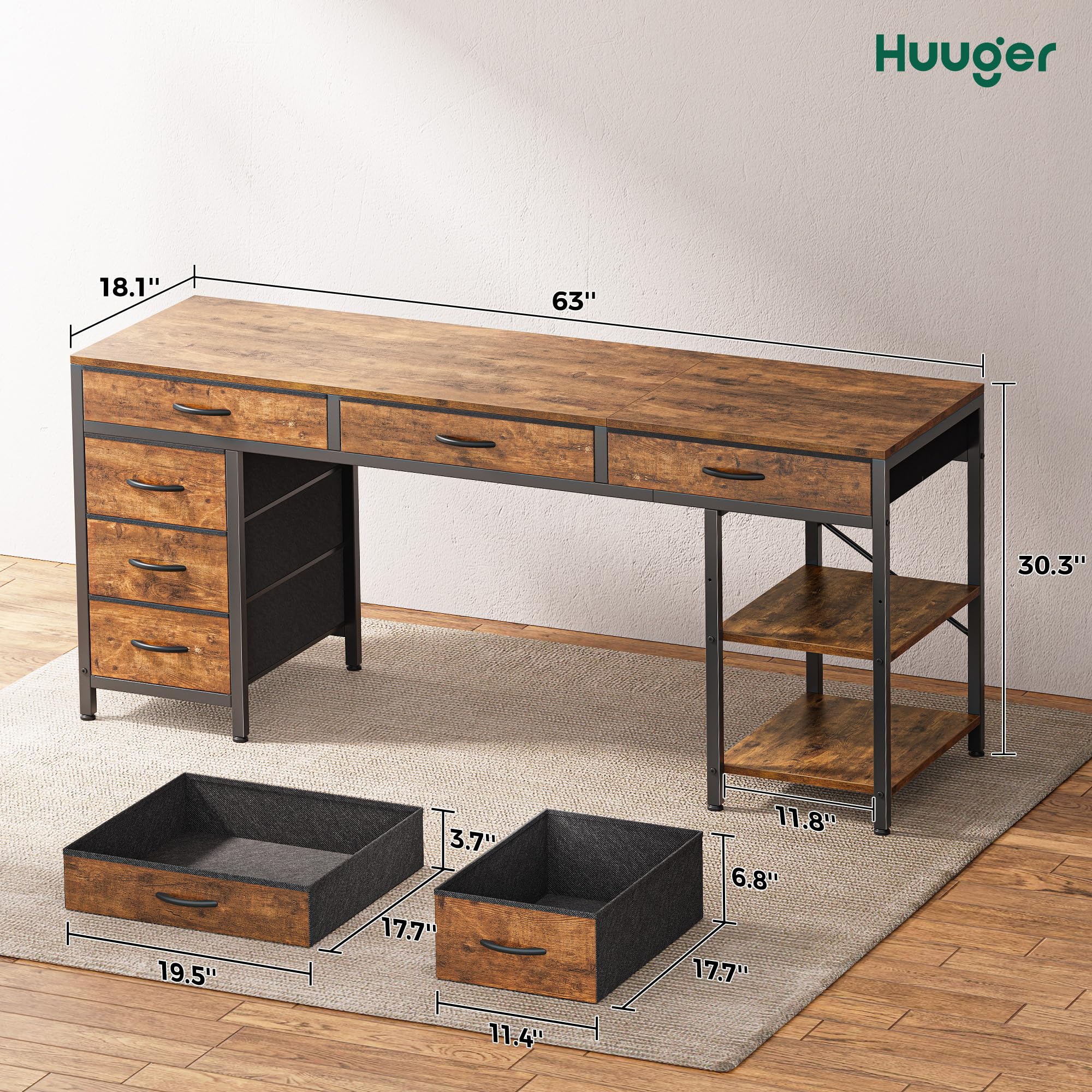 Huuger 63 Inch Computer Desk with 6 Drawers & Shelves, Reversible Gaming Desk with Storage, Rustic Brown Office Desk for Home Office, Study, Living Room - Perfect for Work, Gaming & Small Space Organization