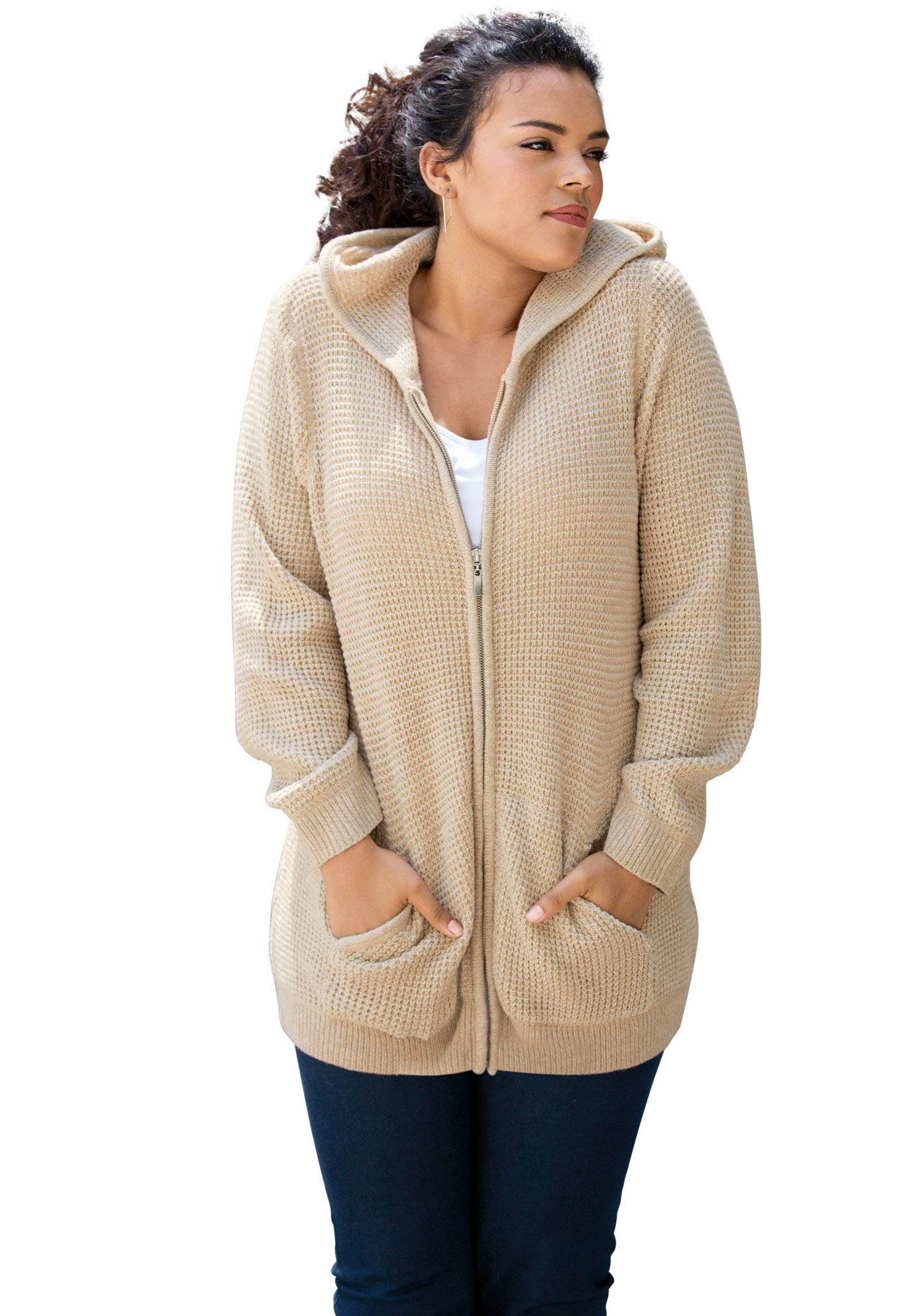 Roaman's Women's Plus Size Thermal Waffle Hoodie Zip Up Cardigan Jacket - Warm Winter Layering for Work, Travel & Outdoor Activities