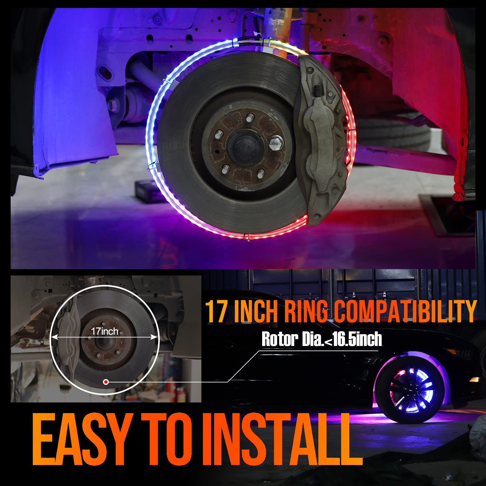 4PCS Brightest 17-inch Strobe LED Wheel Ring Lights for Cars - Double Row Dancing Chasing Colors with Turn Signal & Braking Function - Perfect for Night Driving, Car Shows & Vehicle Customization