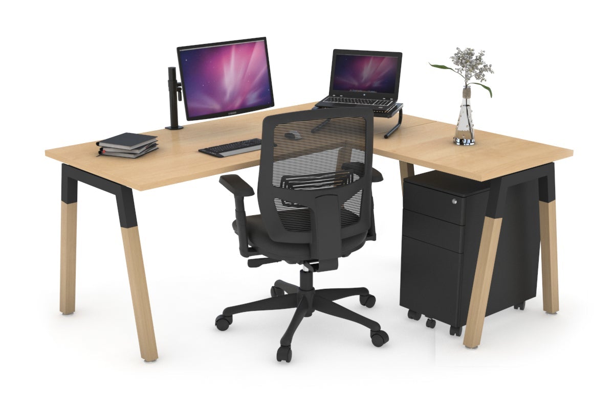 Quadro A Legs L-Shaped Corner Office Desk with Wood Legs & Cross Beam [1600L x 1450W] - Perfect for Home Office, Gaming Setup & Workspace Organization