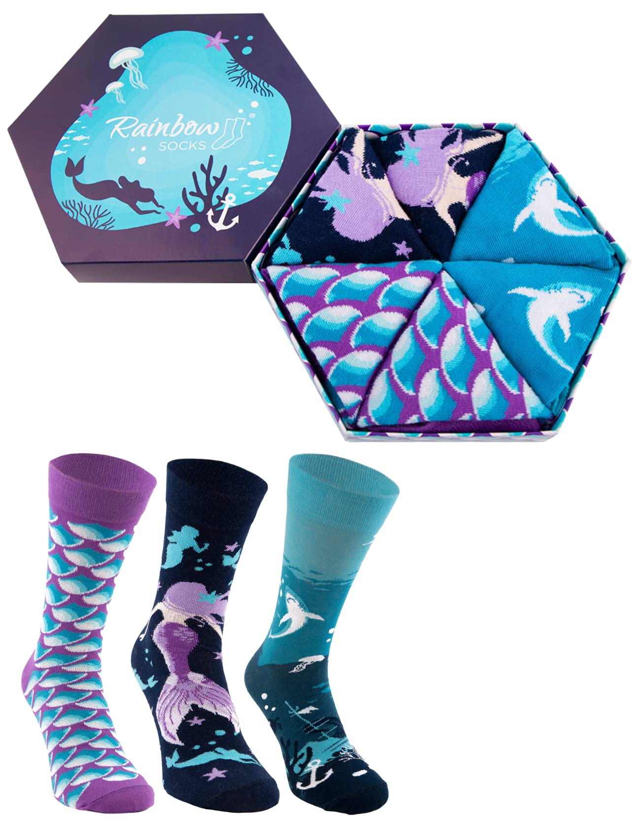 Funny Mermaid Socks for Men & Women - 3 Pairs Rainbow Novelty Gift for Sirens Fans | Perfect for Costume Parties, Beach Vacations & Fantasy Lovers