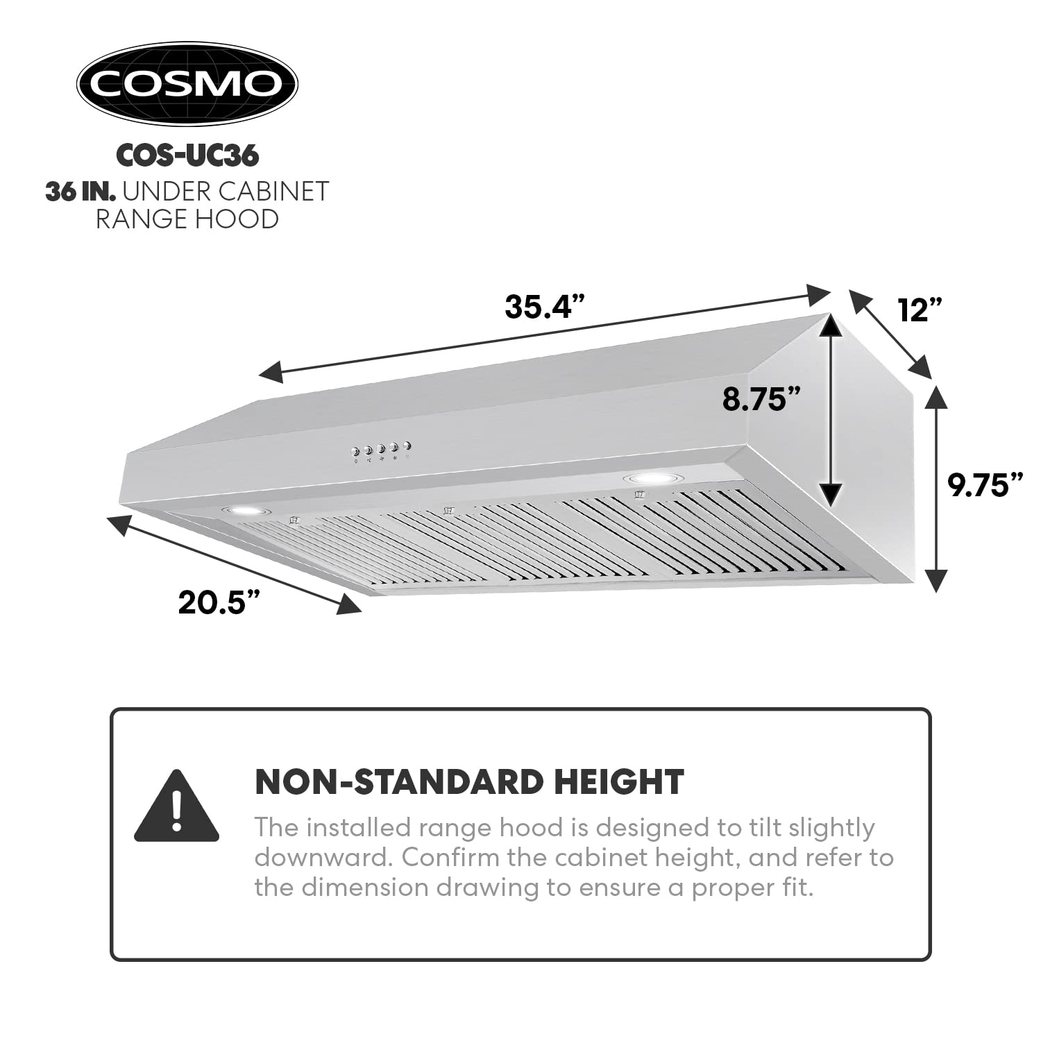 COSMO UC36 36-Inch Stainless Steel Under Cabinet Range Hood with 380 CFM Ducted Ventilation, LED Lights & Button Controls - Perfect for Modern Kitchens, Cooking, and Smoke Removal