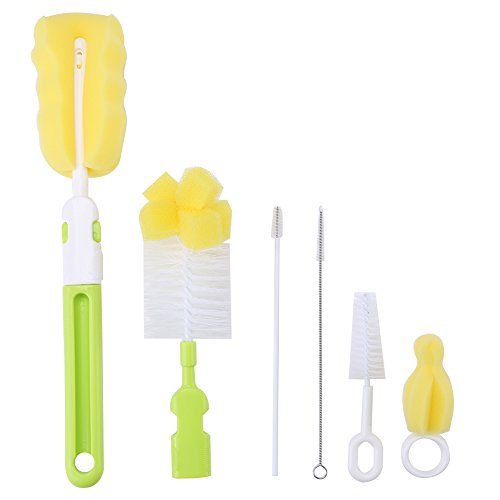 6Pcs Baby Bottle Brush Set with Flexible Rotating Sponge Head & Nipple Brush - Safe Cleaning Kit for Infant Bottles, Pacifiers & Feeding Accessories (Green) - Perfect Baby Shower Gift & Essential for New Parents
