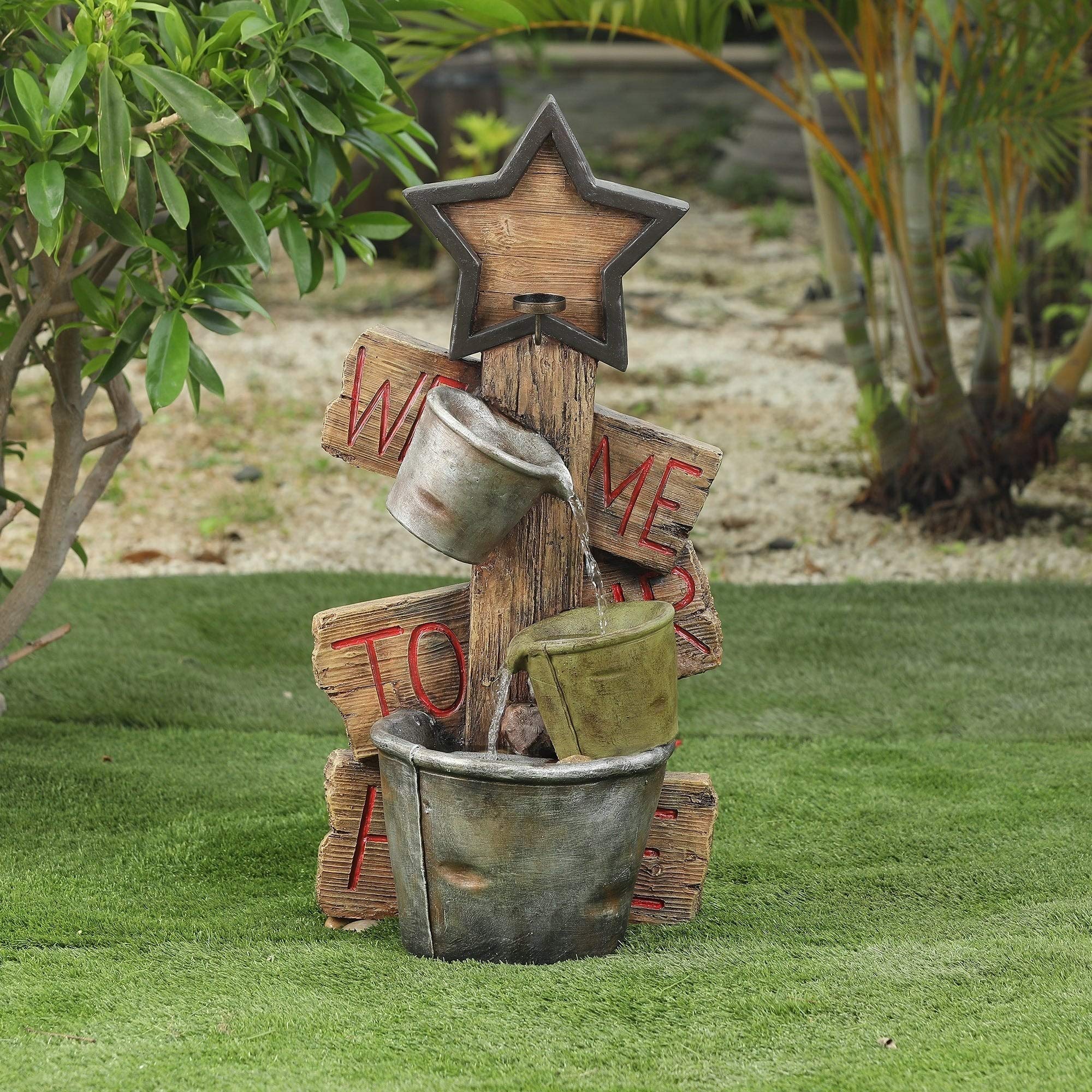 Farmhouse Style Brown and Silver Polyresin Outdoor Fountain with Star & Pot Design - Perfect for Garden, Patio, and Backyard Decor
