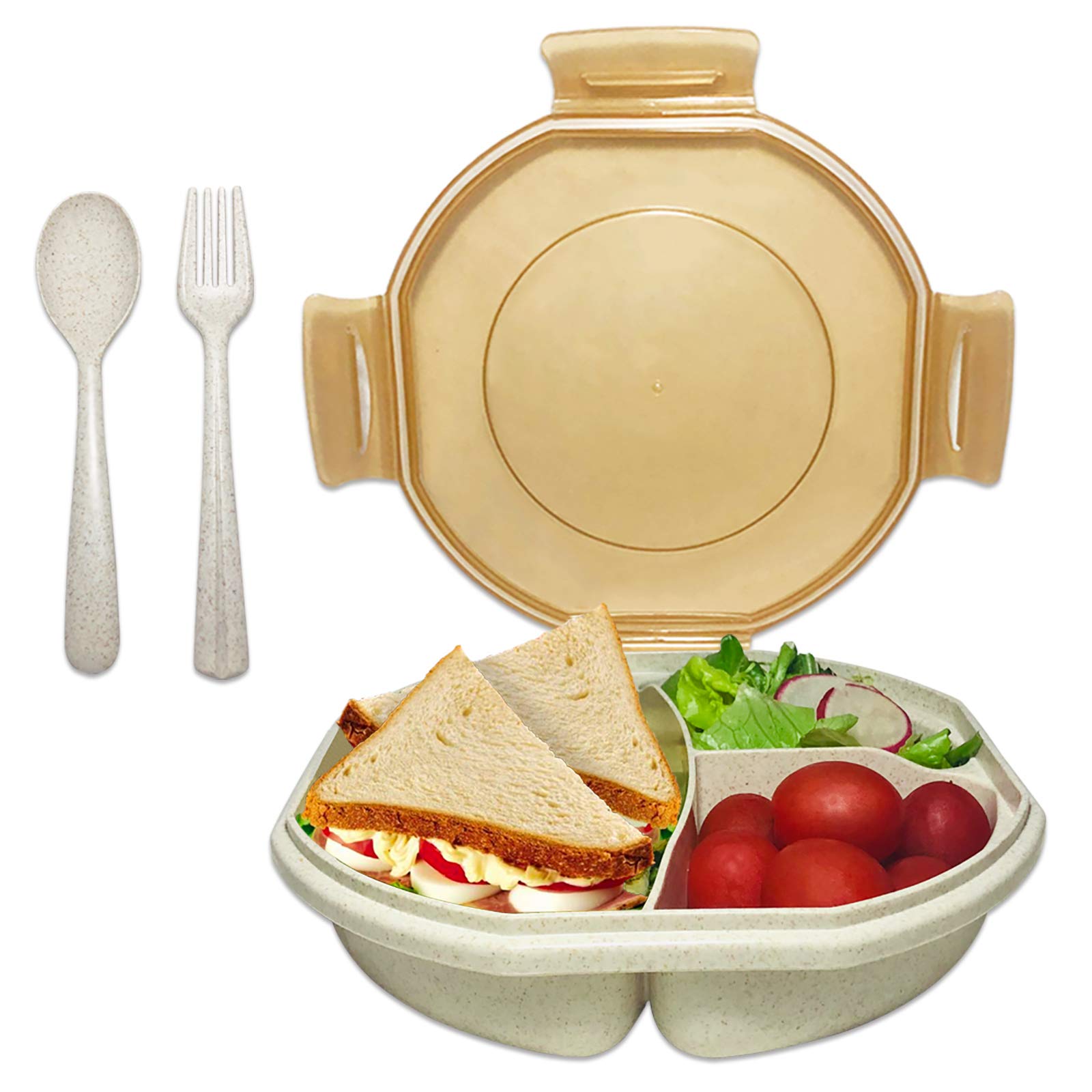 ASYH Leak-Proof 3-Compartment Salad Lunch Box for Kids & Adults - 950ML Reusable Bento Container with Fork & Spoon - Perfect for School, Office, Picnics & Outdoor Meals (Beige)
