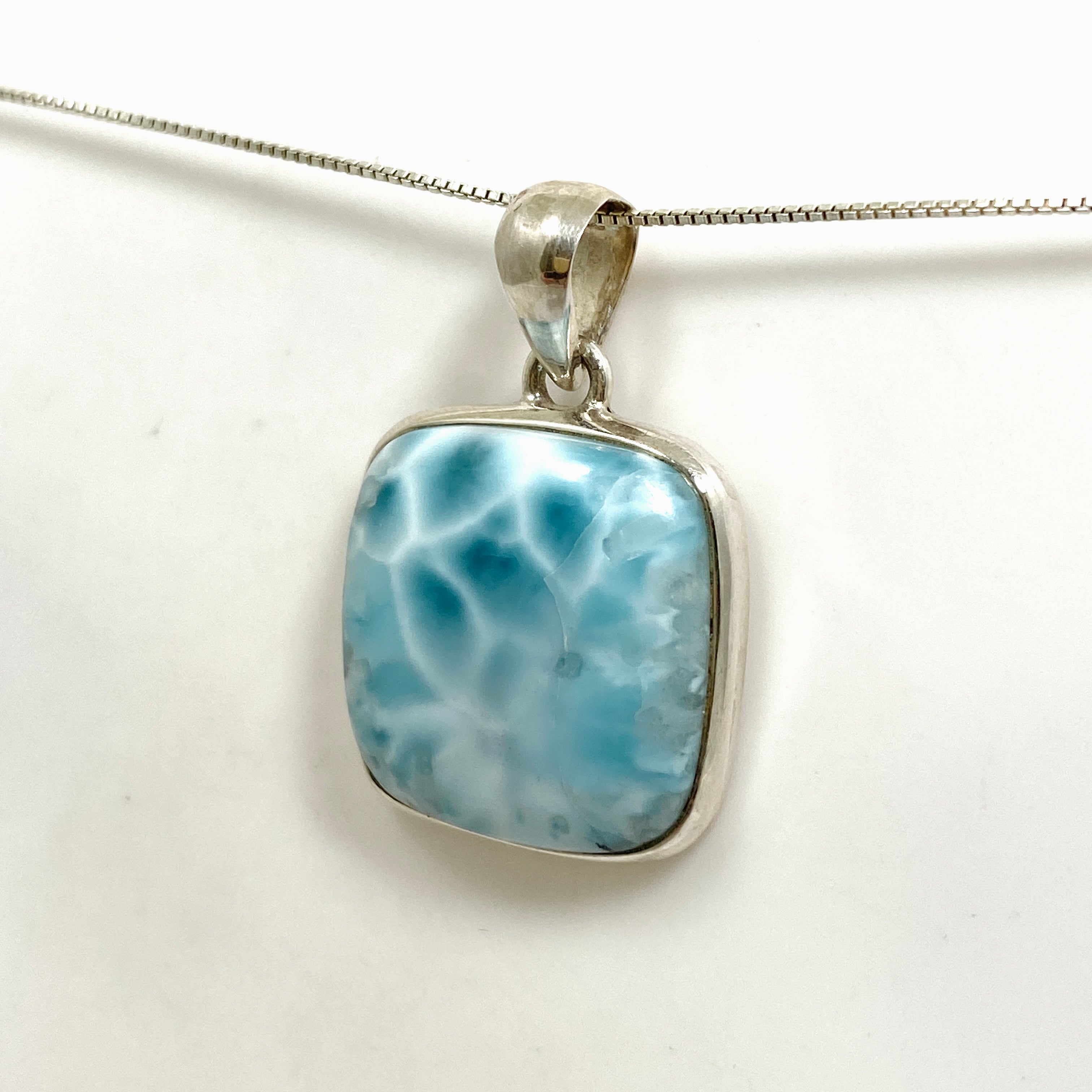 Natural Larimar Square Cabochon Pendant Necklace - Handmade Blue Stone Jewelry for Women - Perfect for Beach Vacation, Boho Style & Gift Giving