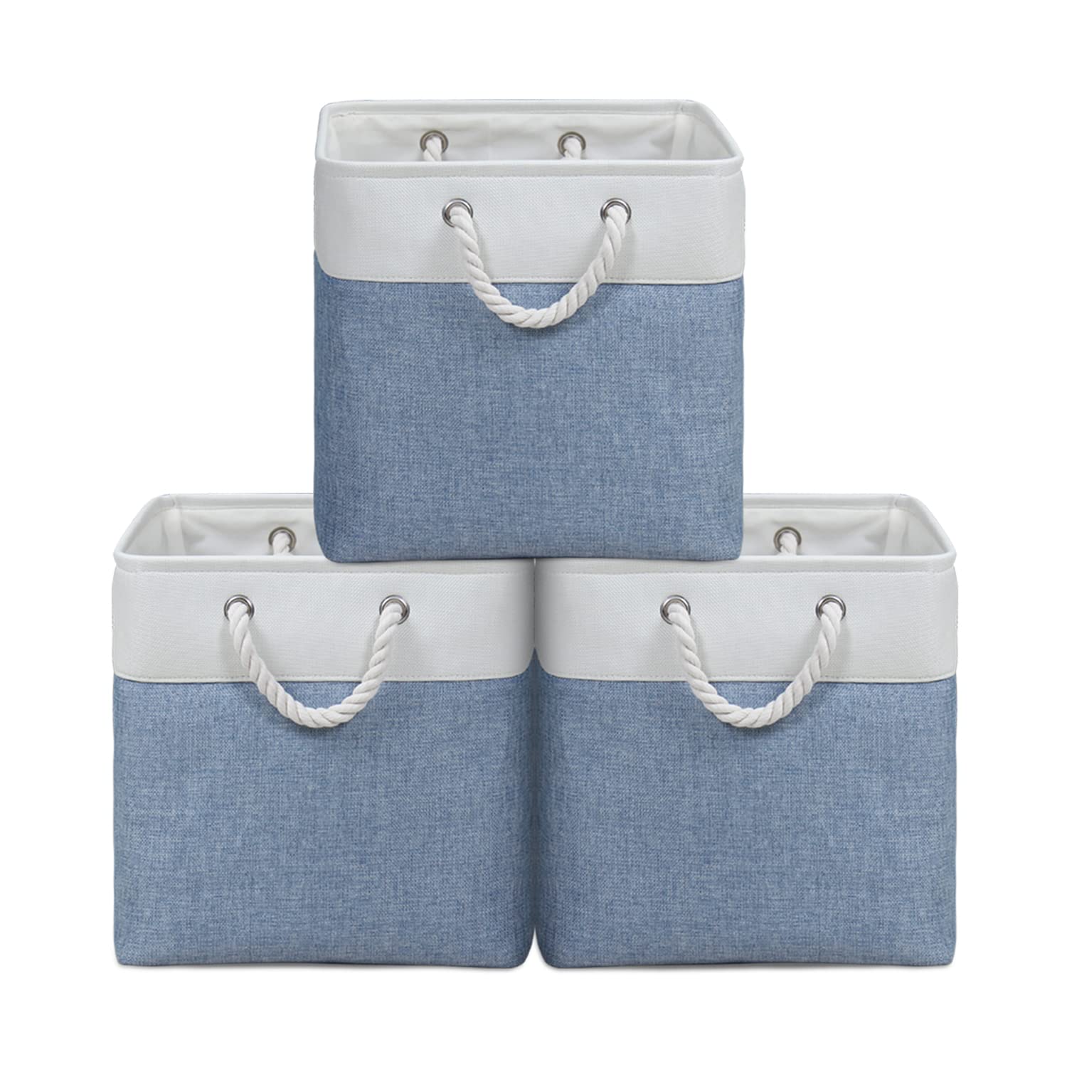 KEEGH 13 Inch Fabric Storage Cubes - Foldable Cloth Bins with Sturdy Handles for Baby Nursery, Closet & Shelf Organization (Blue, Set of 3) | Perfect for Kids' Room, Playroom & Home Storage Solutions