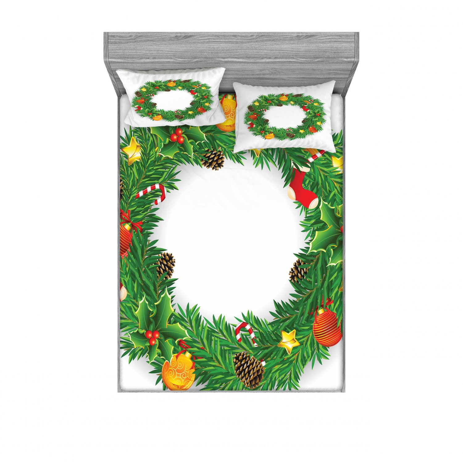Ambesonne Christmas 2-Pack Full Size Fitted Sheet Set with 4 Pillow Shams - Evergreen Wreath Holiday Bedding Decor in Green & White - Perfect for Christmas Bedroom Decorations & Guest Room Styling