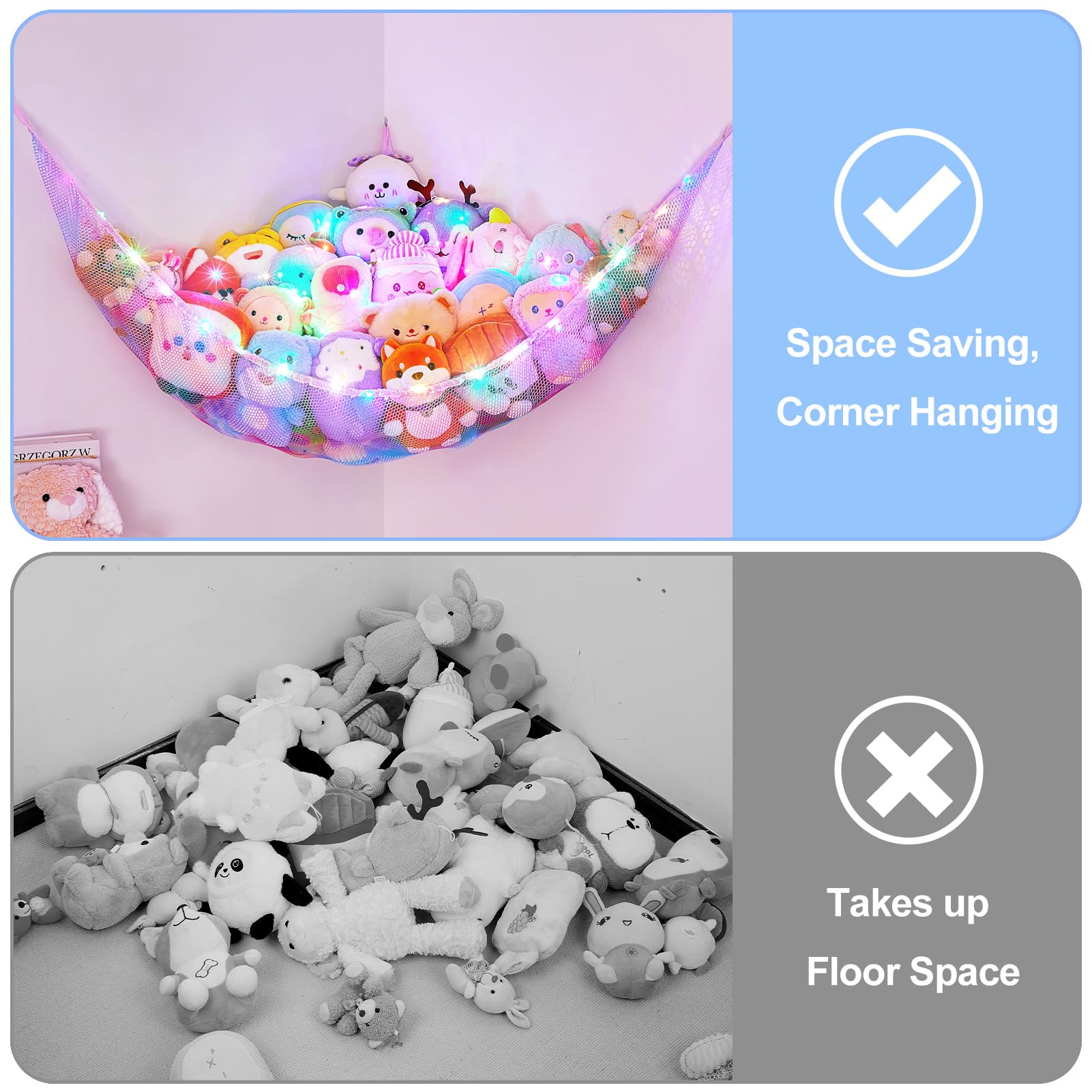 **Basumee LED Stuffed Animal Hammock with Remote Control - 8 Color Changing Lights, Hanging Toy Storage Net for Kids Room & Nursery - Perfect for Organizing Plush Toys, Stuffed Animals & Soft Toys**