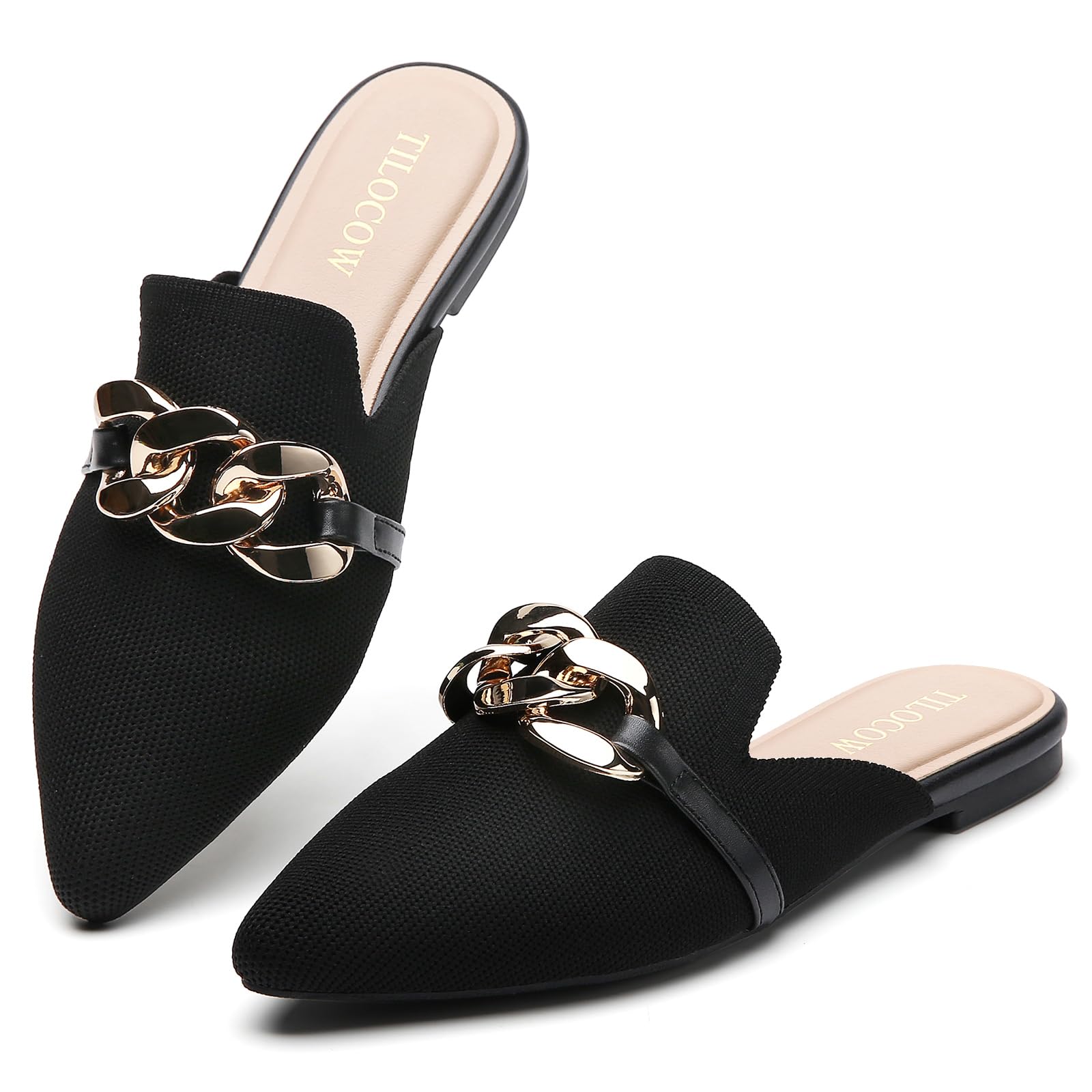 Tilocow Women's Knitted Mules with Metal Chain Decor - Pointed Toe Mesh Backless Loafers Slip On Business Casual Shoes | Comfortable Walking Slides for Office, Travel & Daily Wear