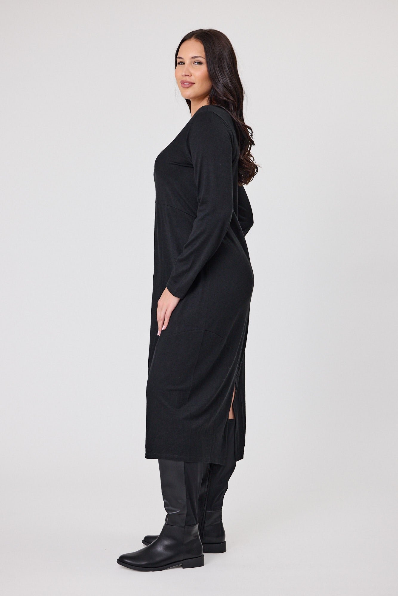 Shine On Riviera Merino Cocoon Dress - Soft Alpine Wool Black Dress for Women | Perfect for Winter Travel, Office Wear & Casual Outings