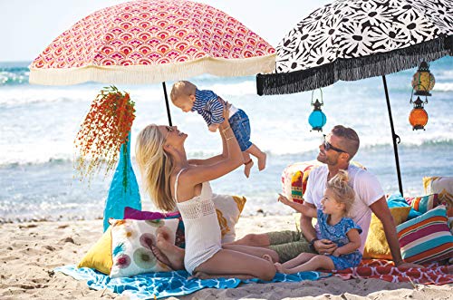 Best Windproof Beach Umbrella with Sand Anchor - Portable UV Protection Sun Umbrella for Sand, Sport & Outdoor Activities | Includes Denim Carry Bag & Fringe Design - Perfect for Beach Vacations, Poolside Relaxation & Summer Outdoor Adventures (Bahama Calliope Style)