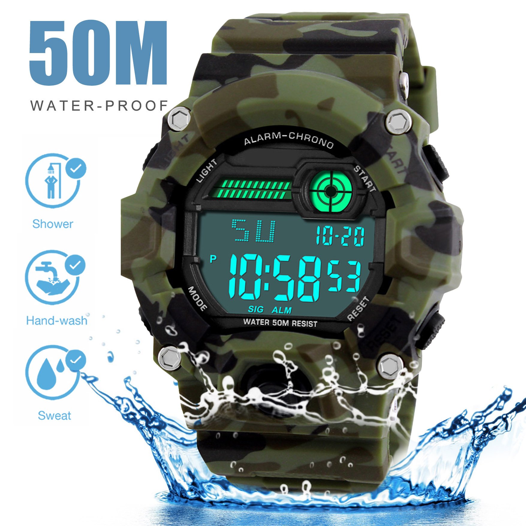 Kids Digital Sports Watch - Military Style Alarm/Timer Waterproof Camo Watch for Boys, Girls, Teens & Men - Perfect for Outdoor Activities, School, Sports & Daily Use by BHGWR