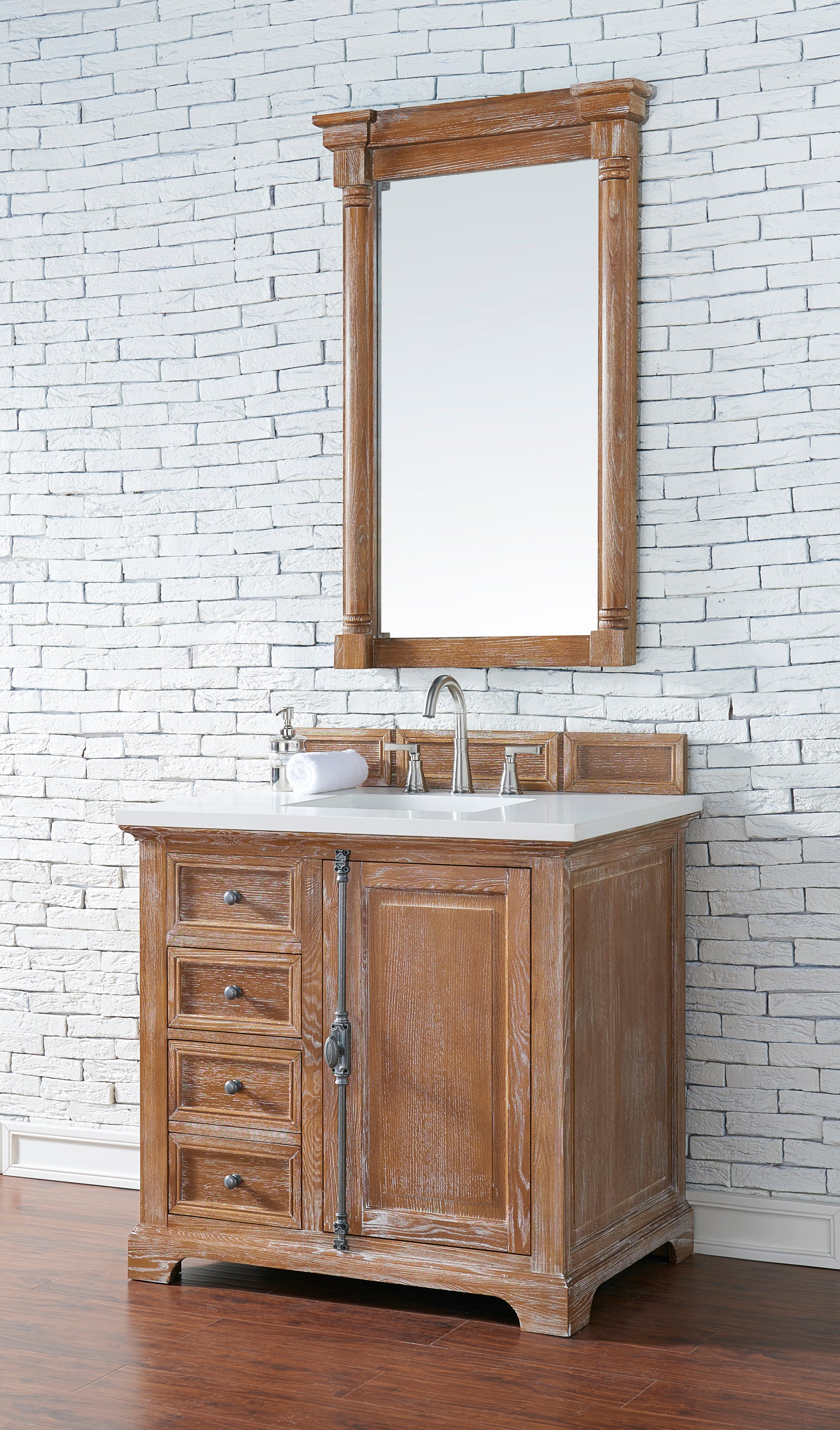 Providence 36 Inch Single Bathroom Vanity Cabinet in Driftwood Finish with 3CM White Zeus Quartz Countertop - Perfect for Modern Bathroom Renovations and Home Upgrades