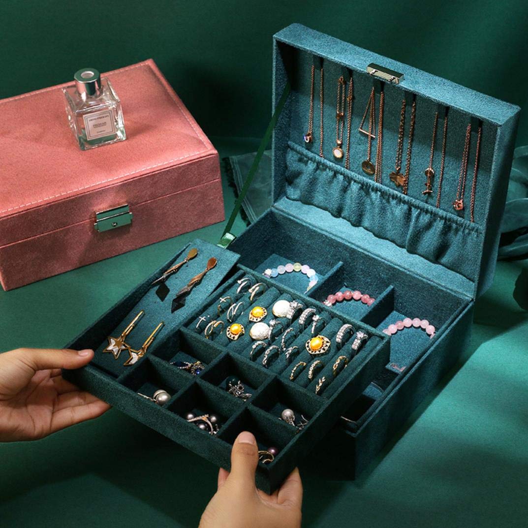 2-Layer Lockable Suede Jewelry Organizer Box - Portable Leather Storage Case for Watches, Earrings, Rings, Necklaces & Bracelets (Dark Green) | Travel, Home & Gift Use