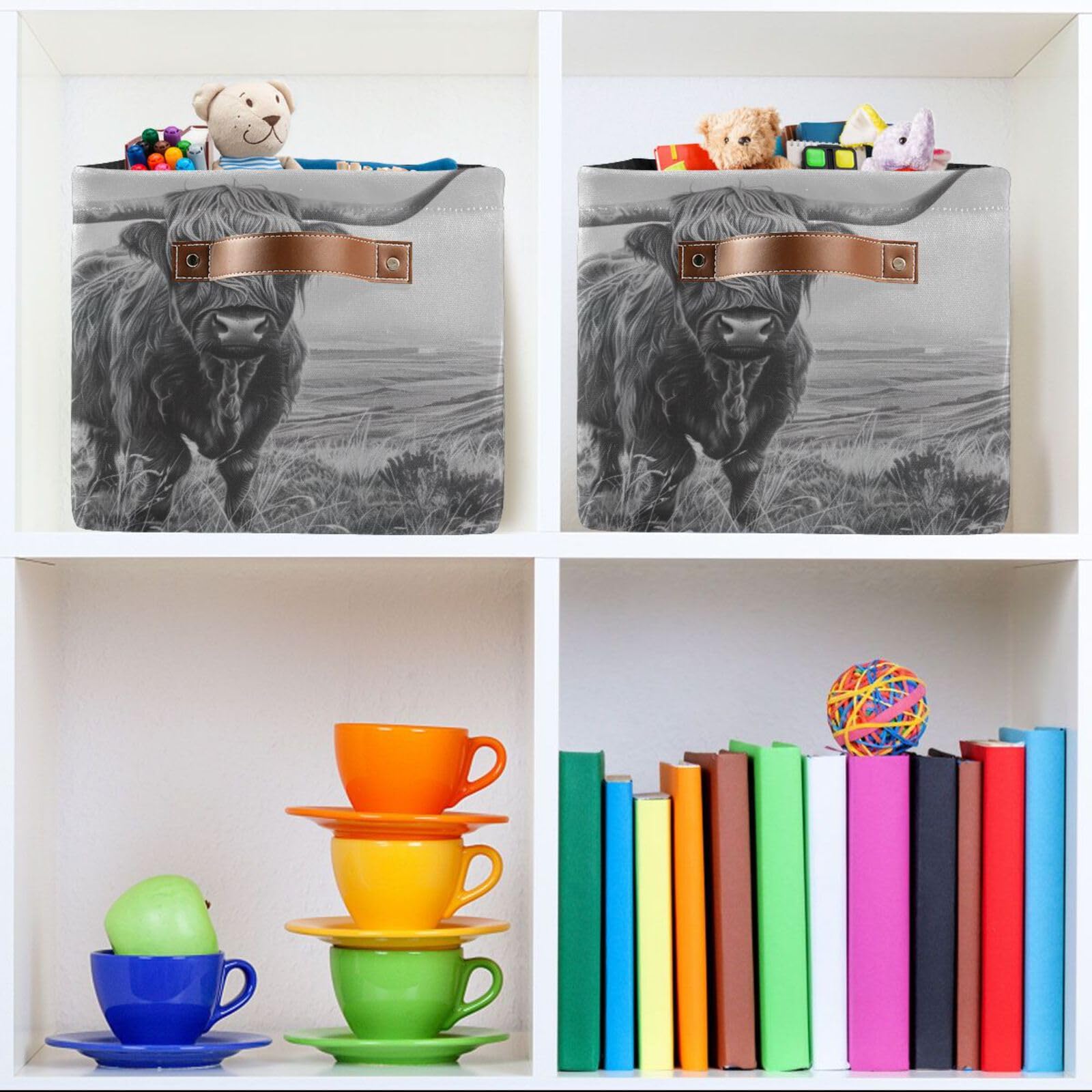 2PCS Large Foldable Storage Baskets - Highland Cow Pattern Collapsible Organizer Bin for Home, Office, and Nursery Organization