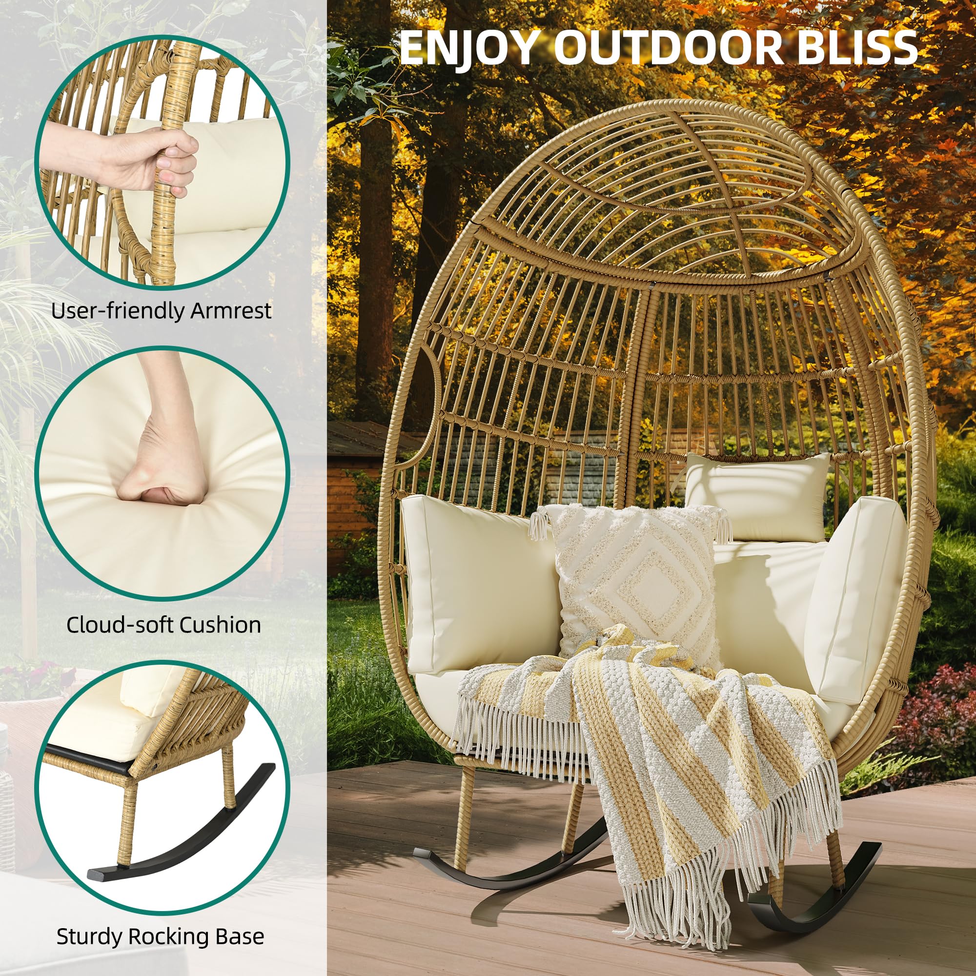 YITAHOME Outdoor Rocking Egg Chair - All-Weather Wicker Patio Swing Chair with 370lbs Capacity, Oversized Hanging Egg Lounger for Living Room, Balcony, Backyard & Garden - Beige - Perfect for Relaxing, Reading & Sunbathing