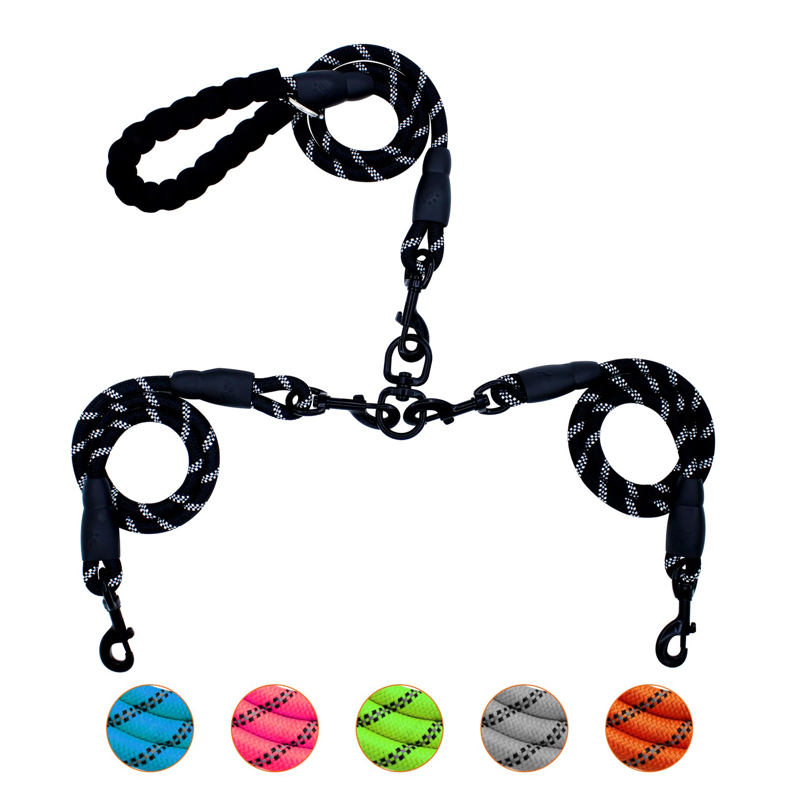 Dual Dog Leash - 2 Way No Tangle Walking Leash for 2 Dogs with 360° Swivel & Reflective Strips - Comfortable Double Leash for Small, Medium & Large Dogs - Perfect for Park Walks, Hiking & Nighttime Safety (Black)