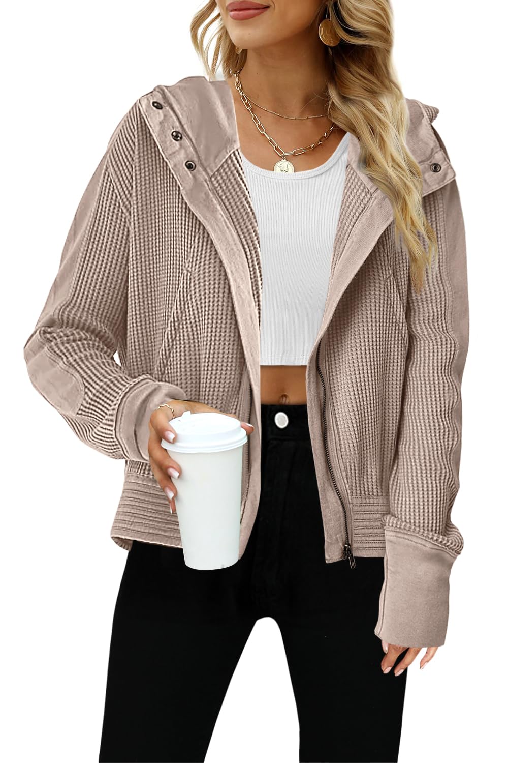 Yanekop Women's Waffle Knit Zip Up Hoodie Jacket - Long Sleeve Cropped Pullover for Fall & Winter | Casual Outerwear for Street Style, Coffee Dates & Weekend Errands
