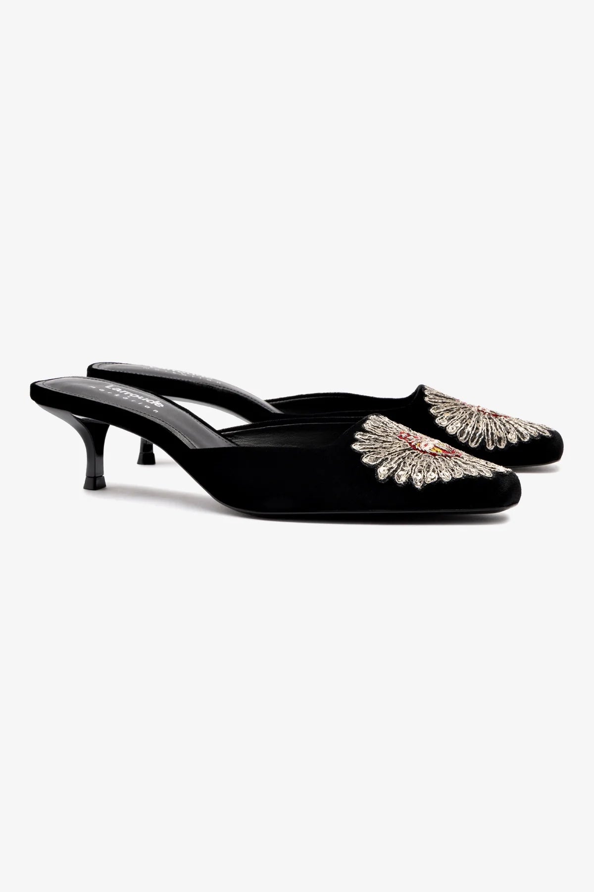 Larroudé x Markarian Black Velvet Mule Shoes with Heart Embroidery - Elegant Slip-Ons for Women, Perfect for Parties, Weddings & Special Occasions