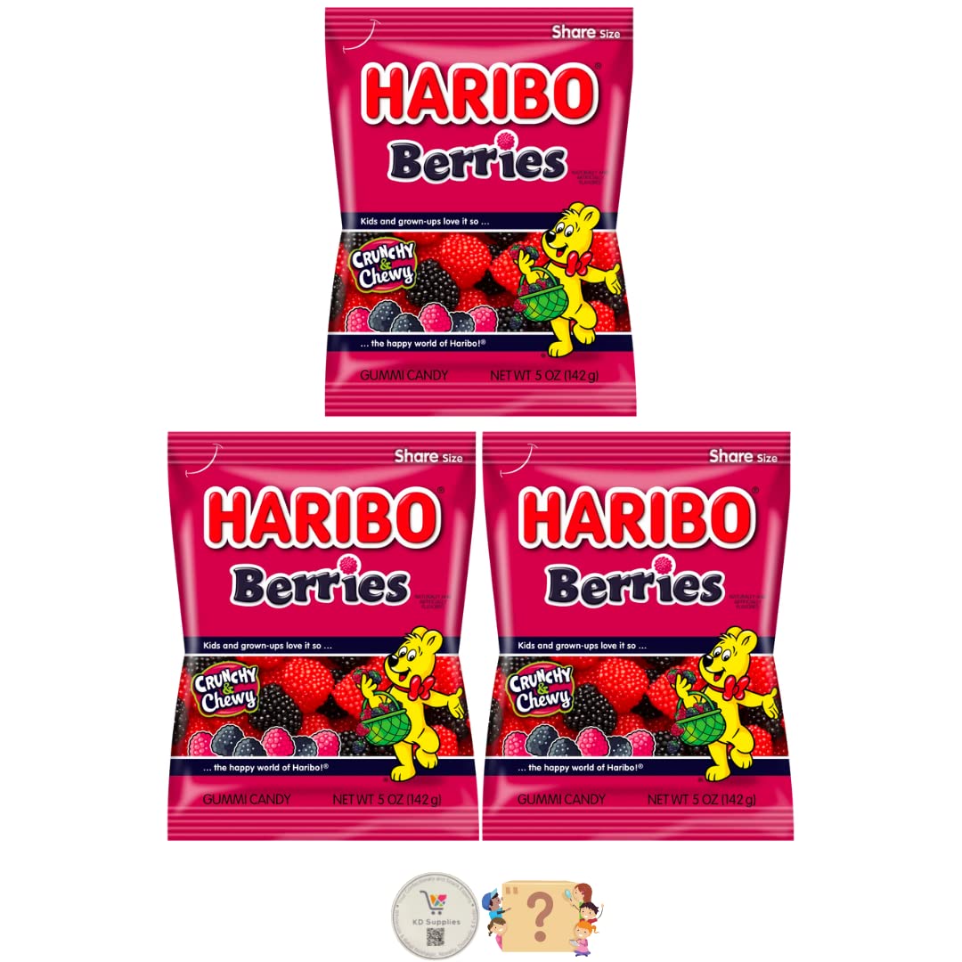 Haribo Gummy Candy - Soft & Chewy Raspberry Flavored Gummies, 5 oz (Pack of 3) - Bulk Candy for Parties, Halloween Treats & Office Snacks