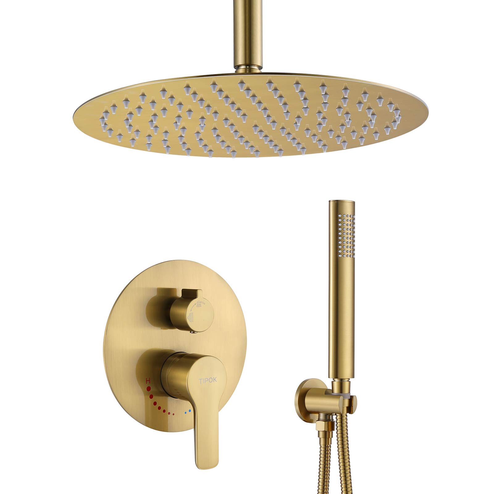 TIPOK 12 Inch Gold Rain Shower System - Ceiling Mount Brushed Gold Shower Faucet with Handheld Sprayer & Valve | Luxury Bathroom Upgrade for Spa-Like Experience