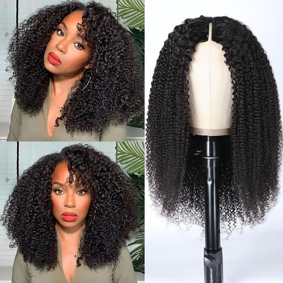 UNICE Glueless Kinky Curly V-Part Human Hair Wig - No Leave Out Upgrade U-Part Wig with Clips (150% Density, 22 Inch, Natural Black) | Afro Kinky Curly V-Shape Wig for Daily Wear, Parties & Special Occasions